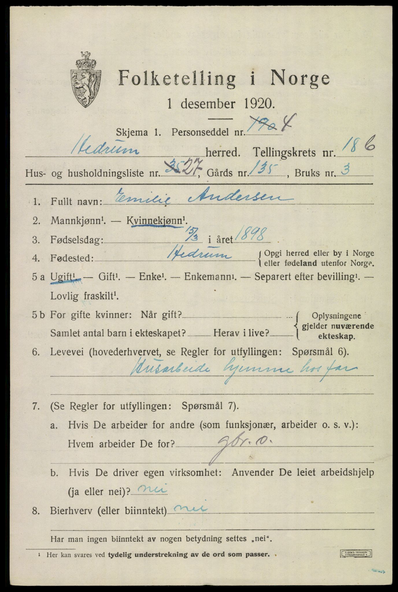 SAKO, 1920 census for Hedrum, 1920, p. 11307