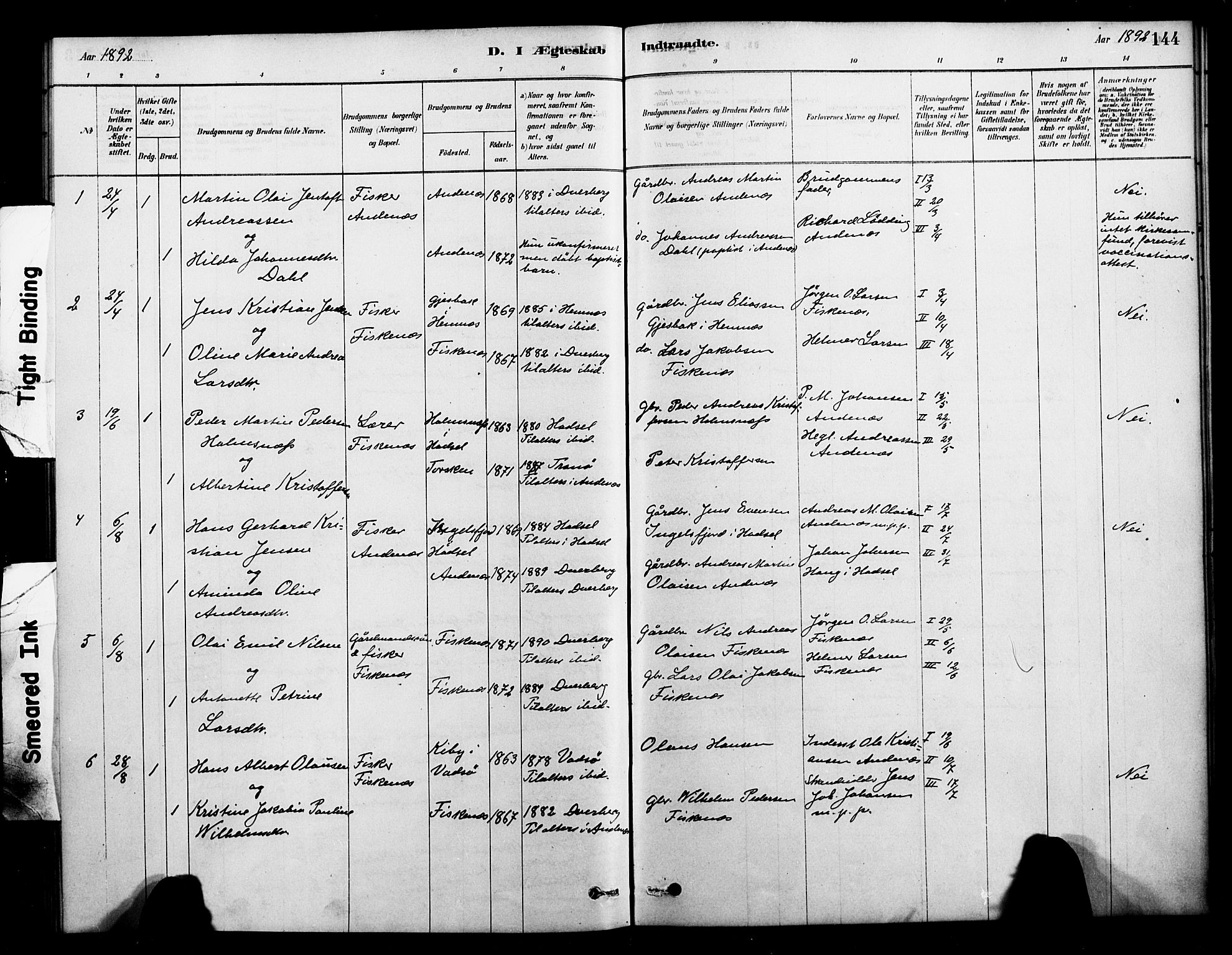 Ministerialprotokoller, klokkerbøker og fødselsregistre - Nordland, AV/SAT-A-1459/899/L1436: Parish register (official) no. 899A04, 1881-1896, p. 144