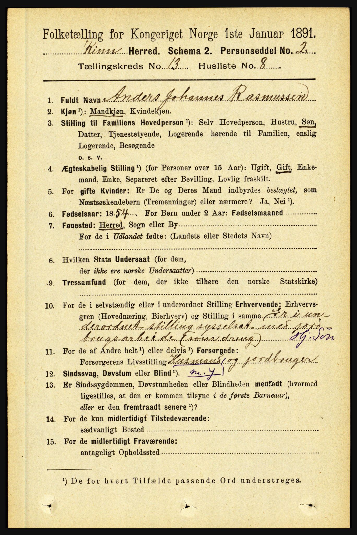 RA, 1891 census for 1437 Kinn, 1891, p. 5105