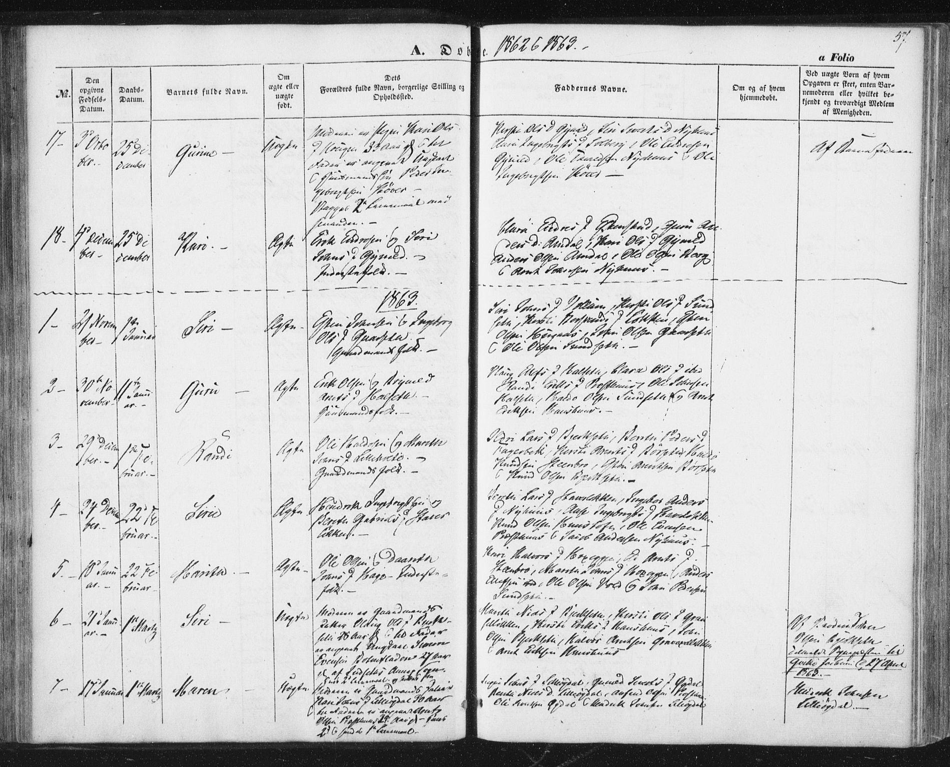 Ministerialprotokoller, klokkerbøker og fødselsregistre - Sør-Trøndelag, SAT/A-1456/689/L1038: Parish register (official) no. 689A03, 1848-1872, p. 57