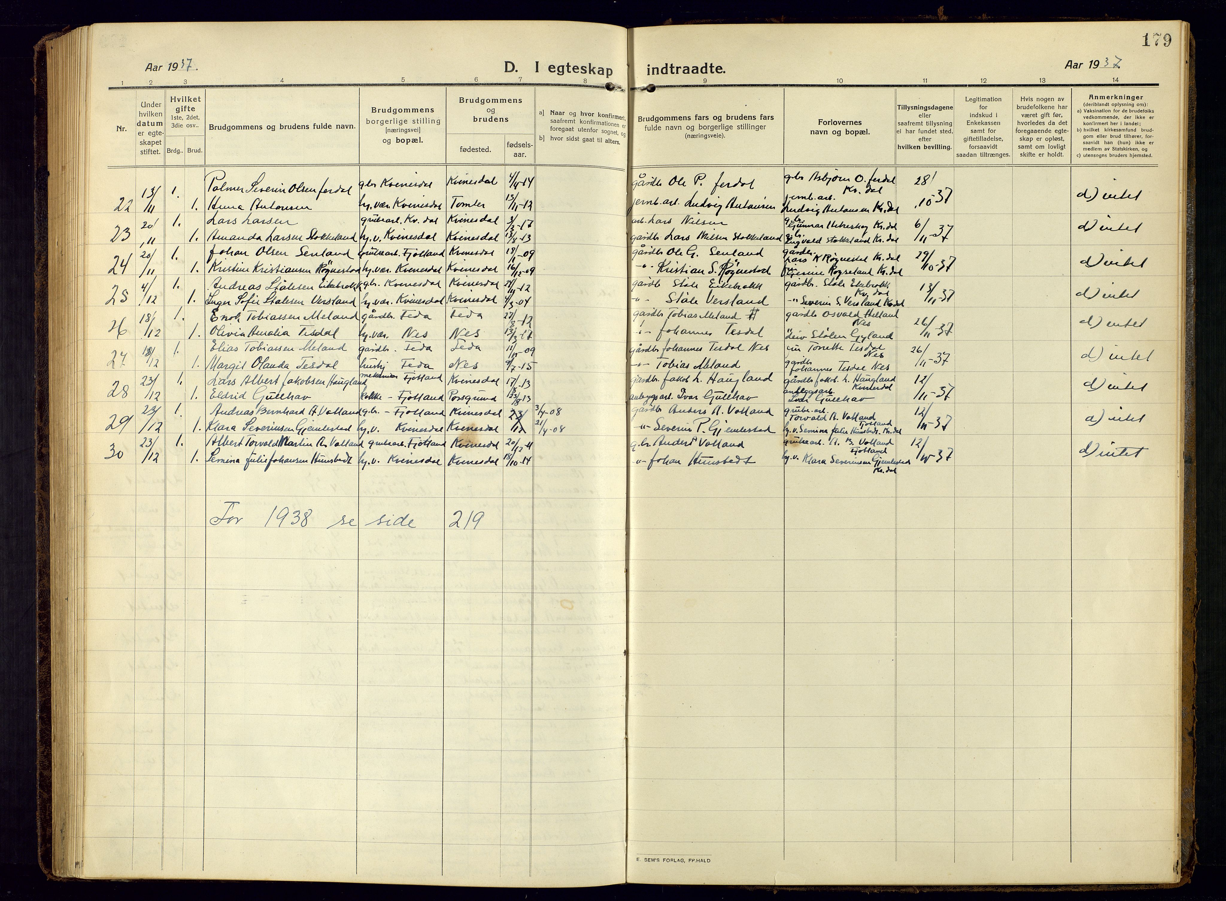Kvinesdal sokneprestkontor, SAK/1111-0026/F/Fb/Fbb/L0004: Parish register (copy) no. B 4, 1917-1938, p. 179