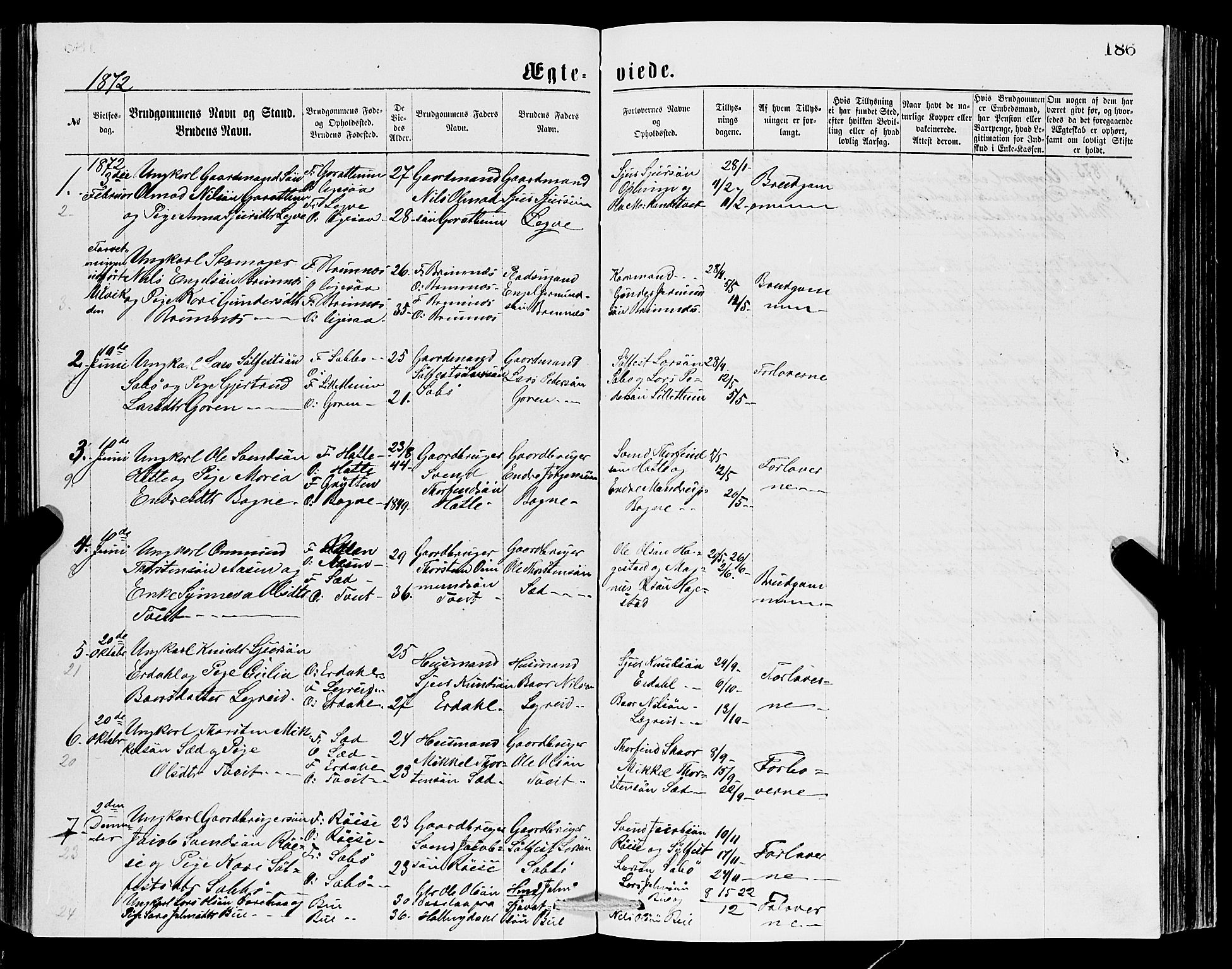 Ullensvang sokneprestembete, SAB/A-78701/H/Hab: Parish register (copy) no. C 2, 1871-1899, p. 186