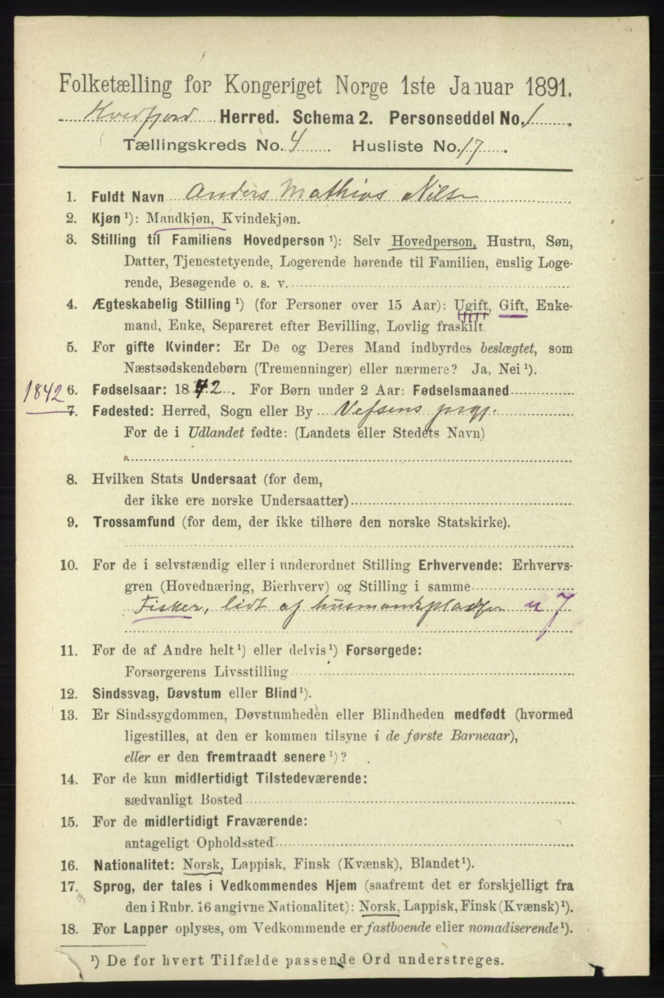 RA, 1891 census for 1911 Kvæfjord, 1891, p. 1993