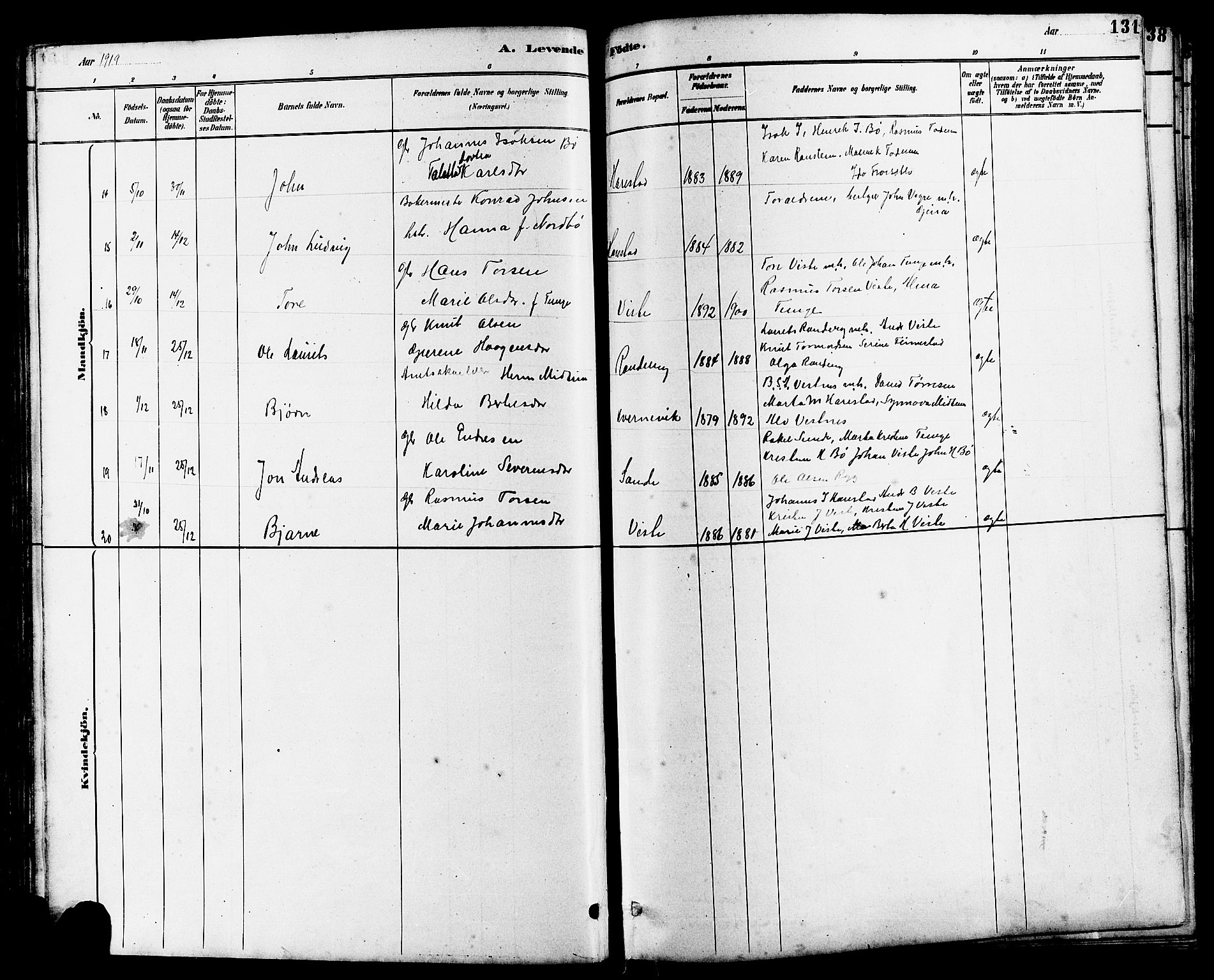 Hetland sokneprestkontor, SAST/A-101826/30/30BB/L0006: Parish register (copy) no. B 6, 1878-1921, p. 131
