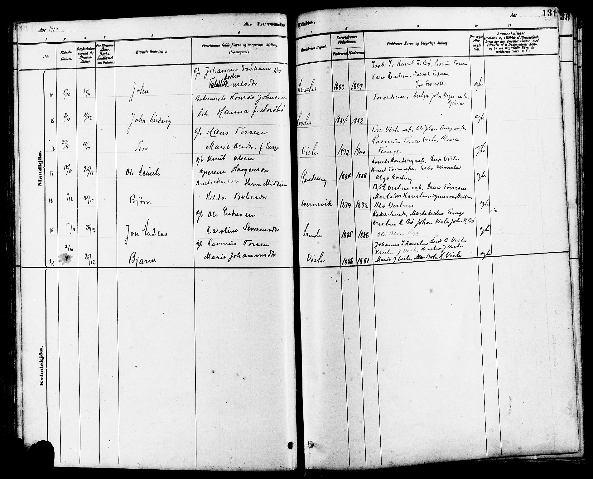 Hetland sokneprestkontor, AV/SAST-A-101826/30/30BB/L0006: Parish register (copy) no. B 6, 1878-1921, p. 131