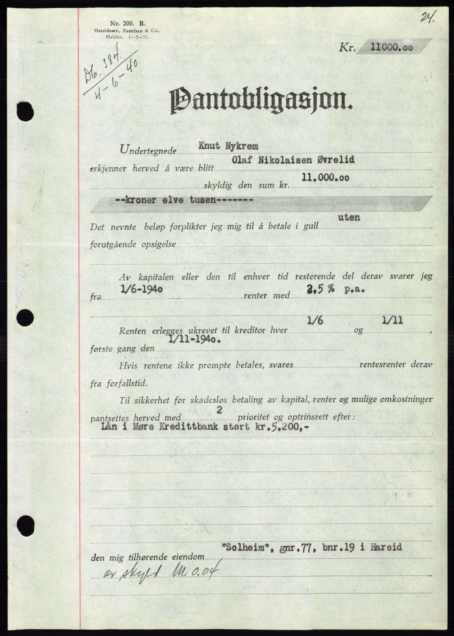 Søre Sunnmøre sorenskriveri, AV/SAT-A-4122/1/2/2C/L0070: Mortgage book no. 64, 1940-1941, Diary no: : 384/1940