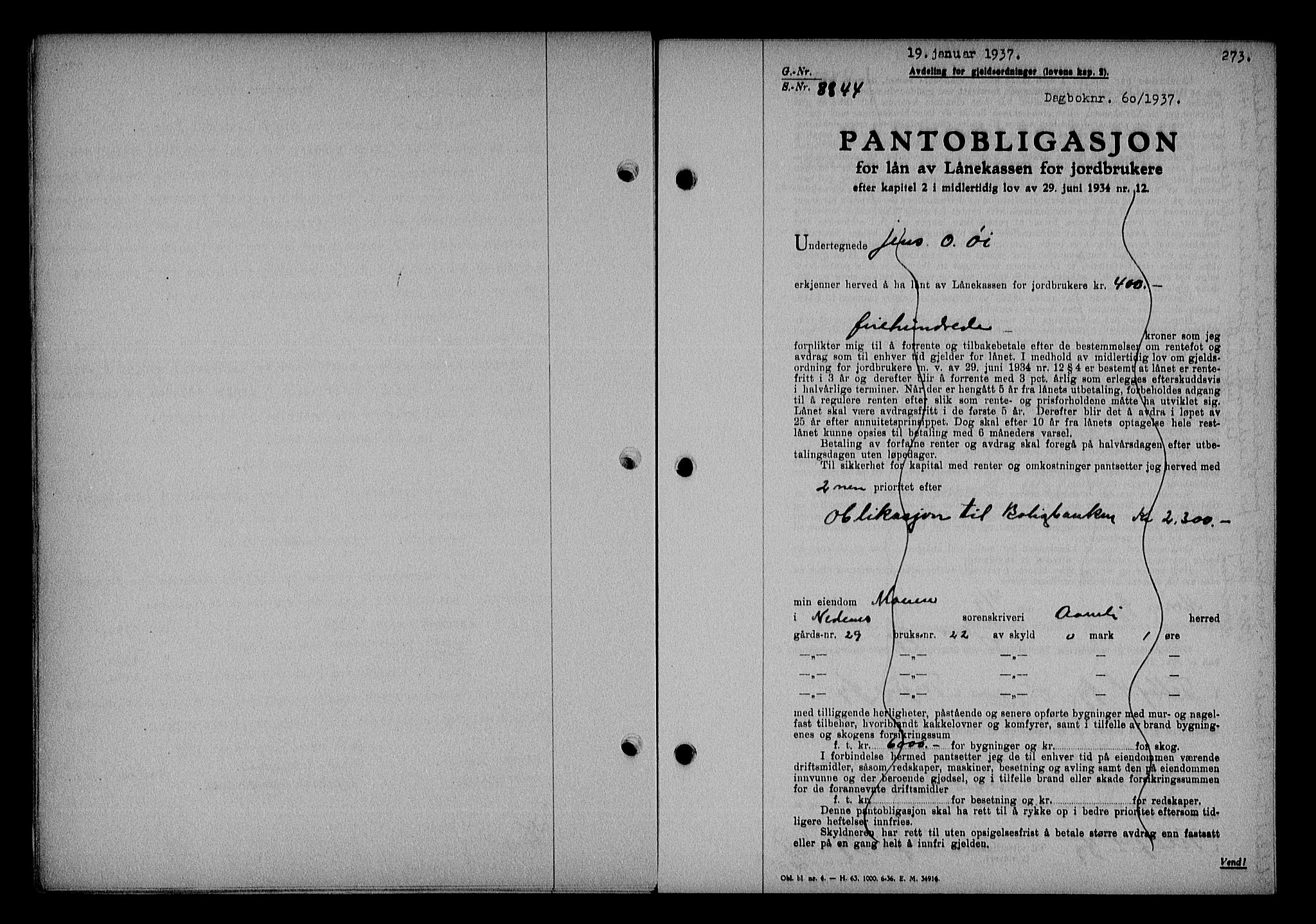 Nedenes sorenskriveri, SAK/1221-0006/G/Gb/Gba/L0043: Mortgage book no. 39, 1936-1937, Diary no: : 60/1937