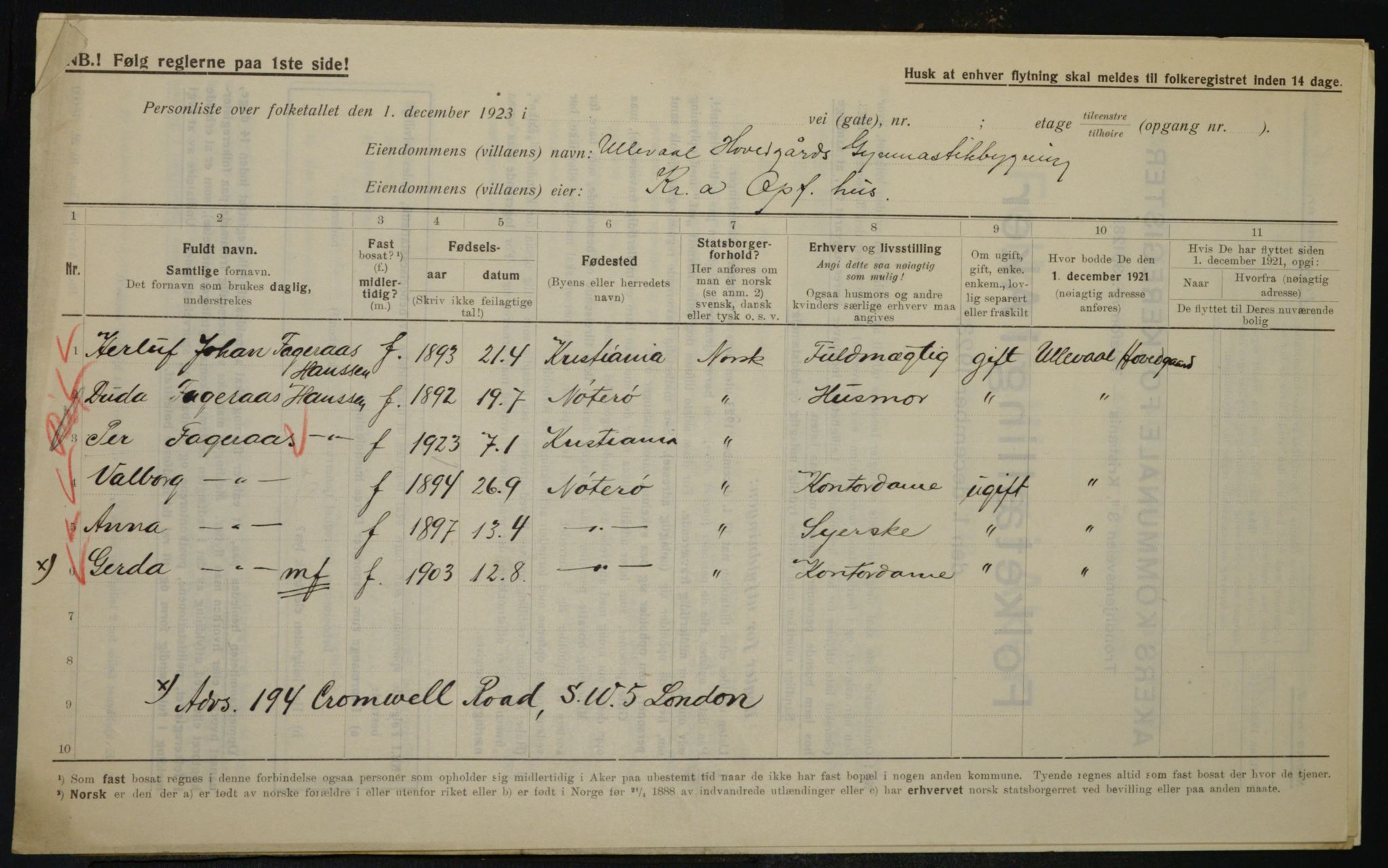 , Municipal Census 1923 for Aker, 1923, p. 20276