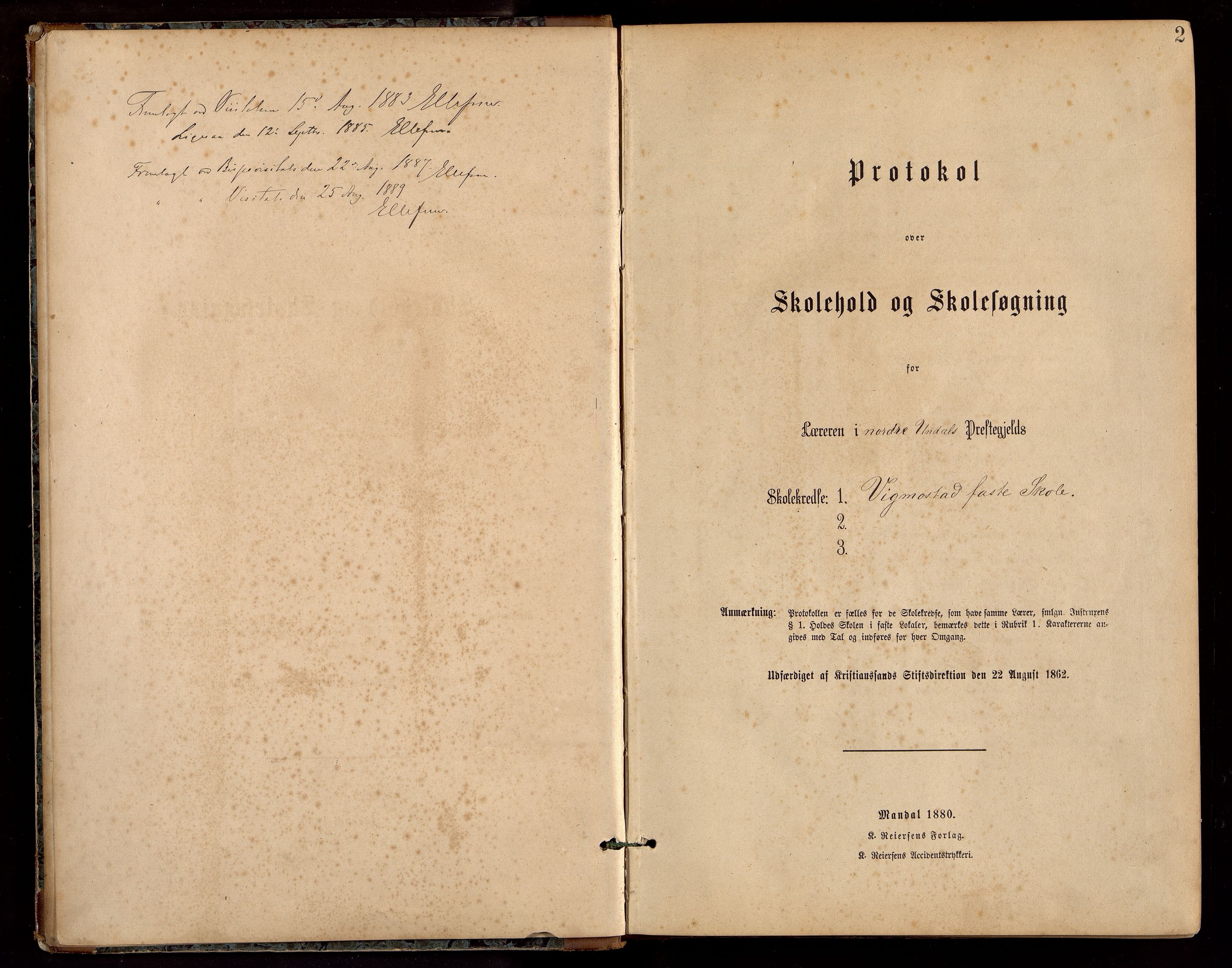 Vigmostad kommune - Vigmostad Skole, ARKSOR/1029VI553/H/L0001: Skoleprotokoll, 1882-1916