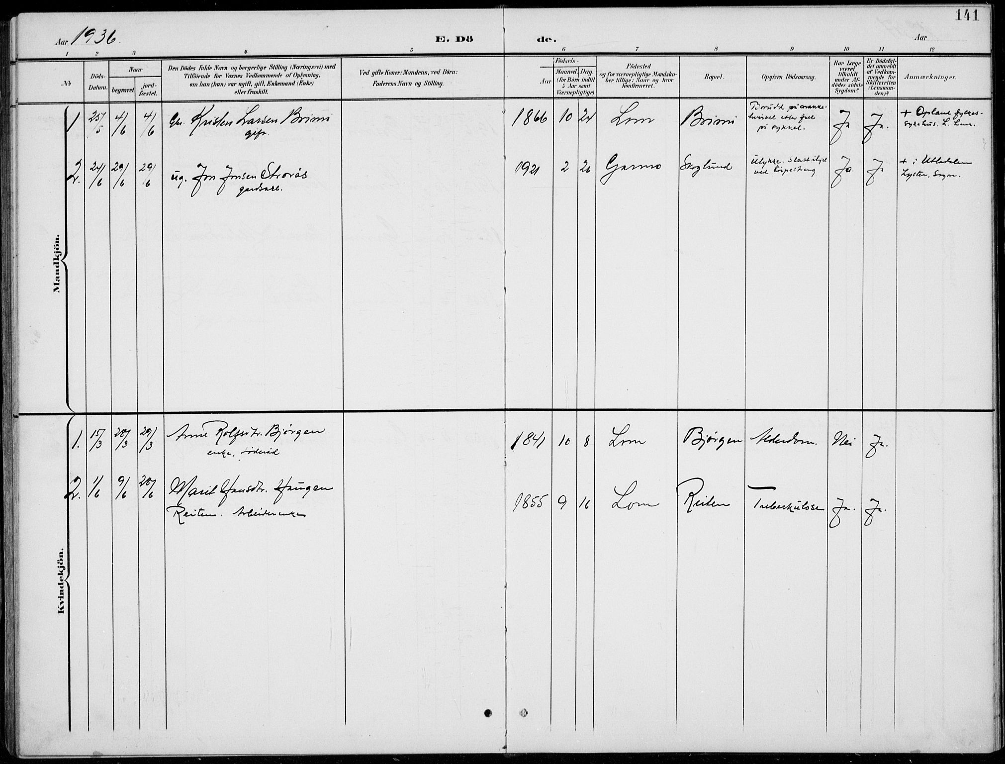 Lom prestekontor, SAH/PREST-070/L/L0006: Parish register (copy) no. 6, 1901-1939, p. 141
