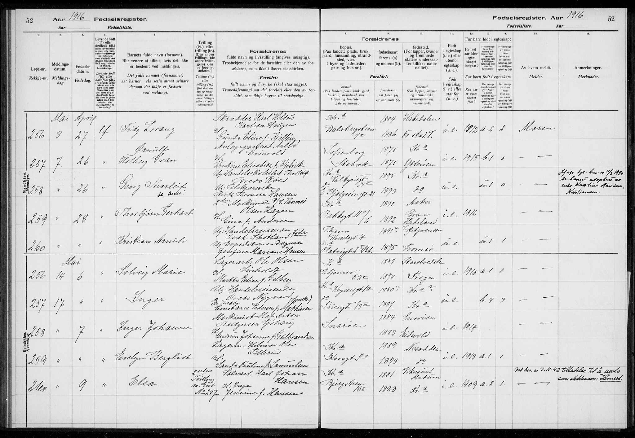 Rikshospitalet prestekontor Kirkebøker, SAO/A-10309b/J/L0001: Birth register no. 1, 1916-1916, p. 52