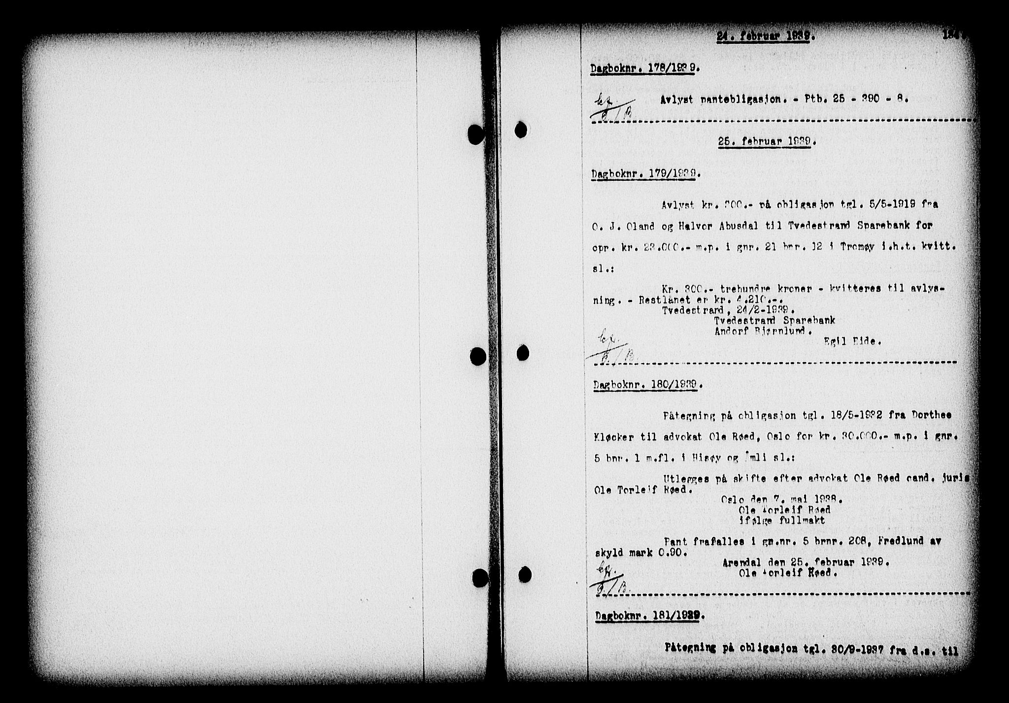 Nedenes sorenskriveri, SAK/1221-0006/G/Gb/Gba/L0046: Mortgage book no. 42, 1938-1939, Diary no: : 178/1939
