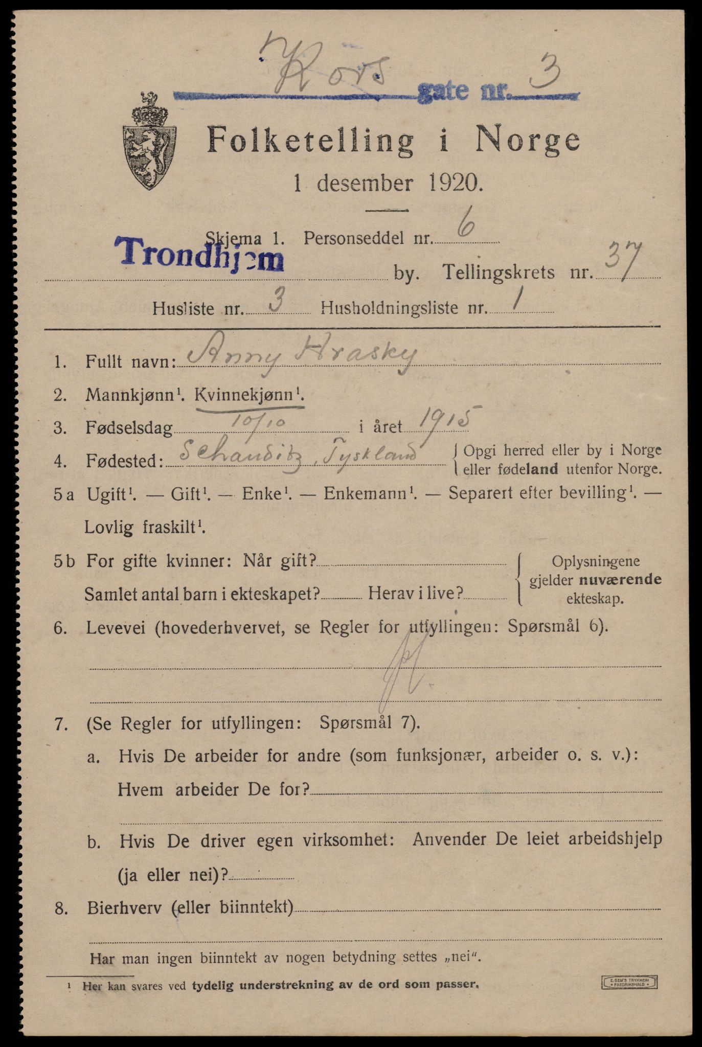 SAT, 1920 census for Trondheim, 1920, p. 84572