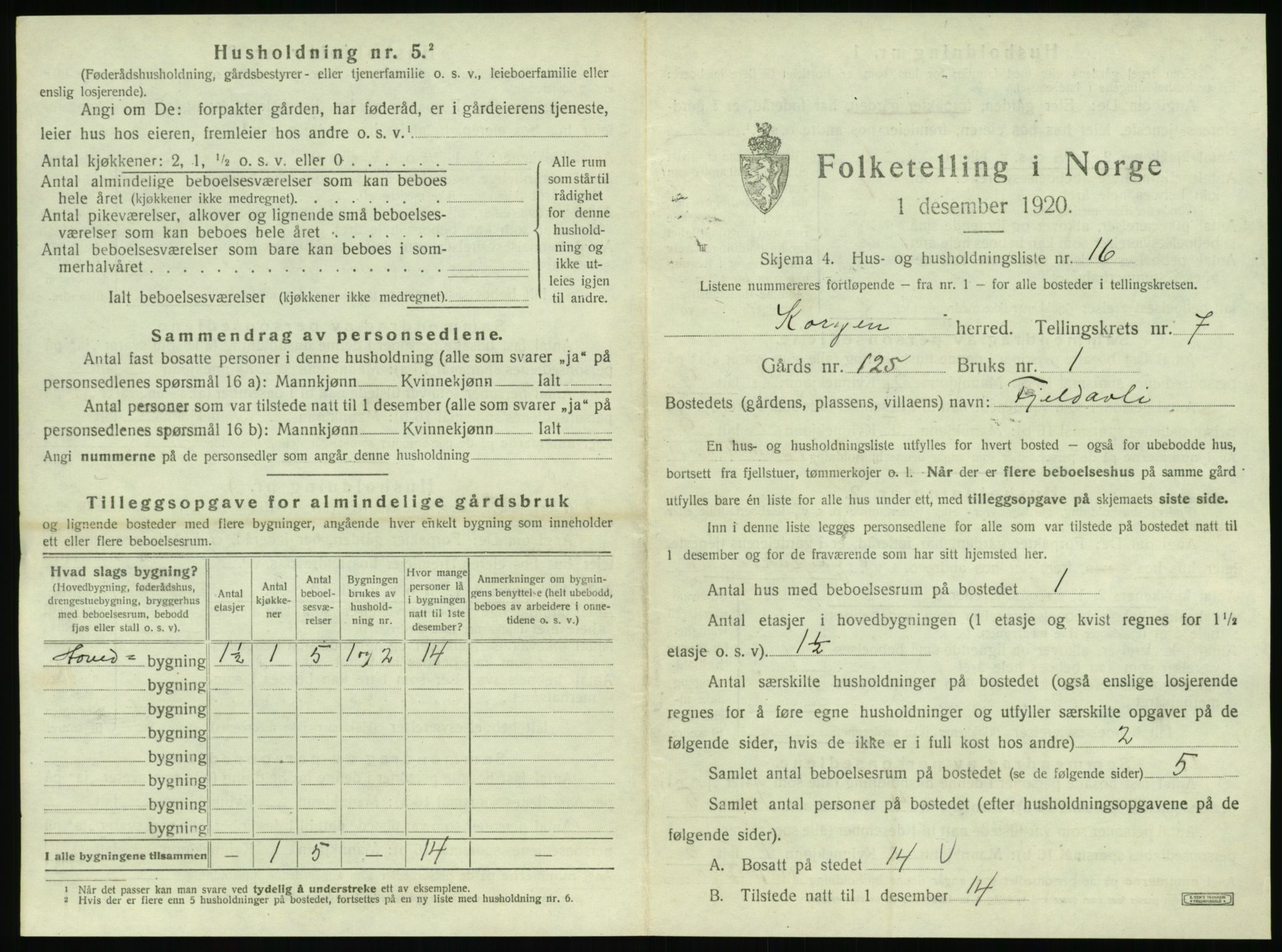 SAT, 1920 census for Korgen, 1920, p. 454