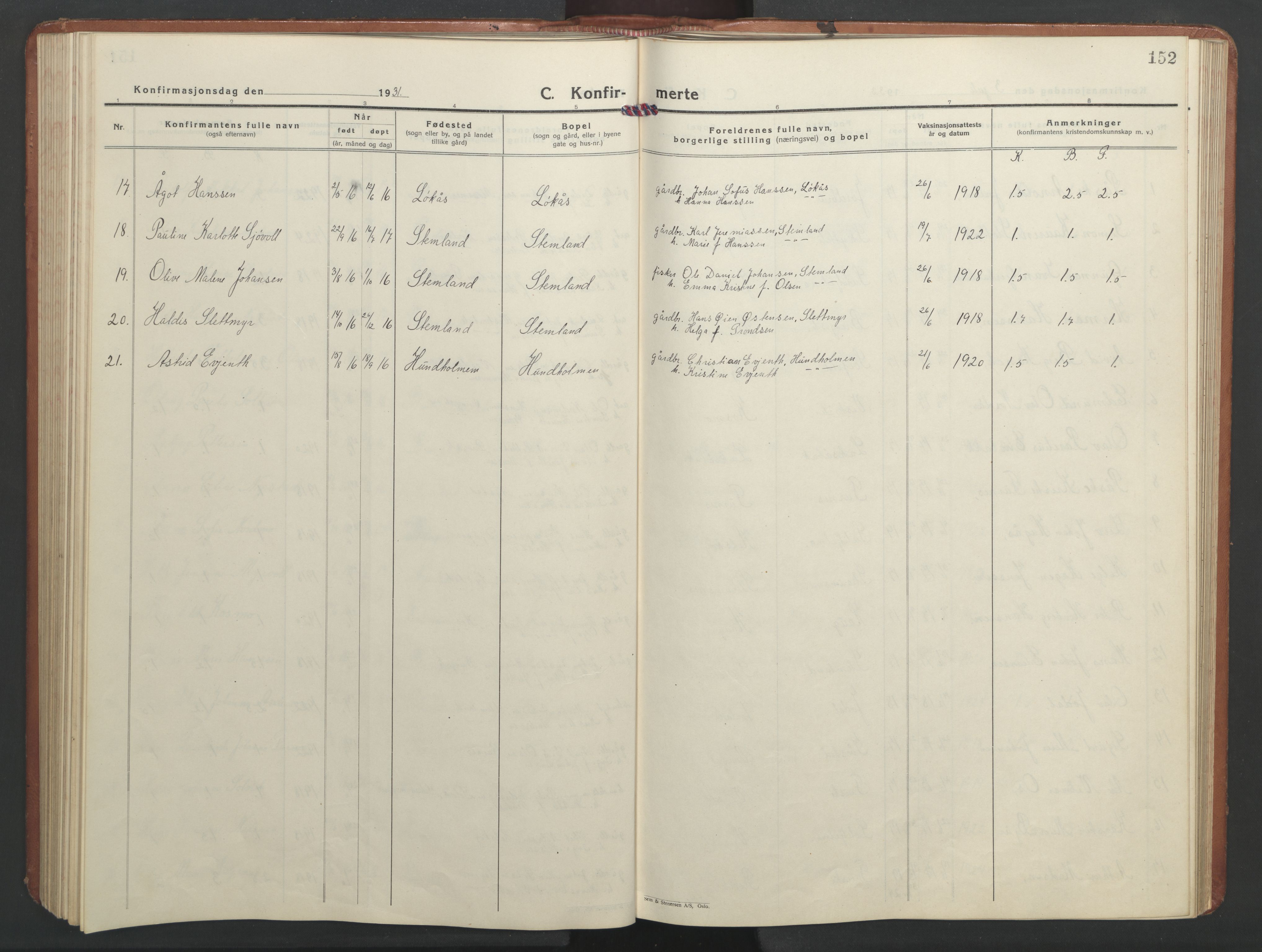 Ministerialprotokoller, klokkerbøker og fødselsregistre - Nordland, AV/SAT-A-1459/851/L0727: Parish register (copy) no. 851C02, 1925-1948, p. 152