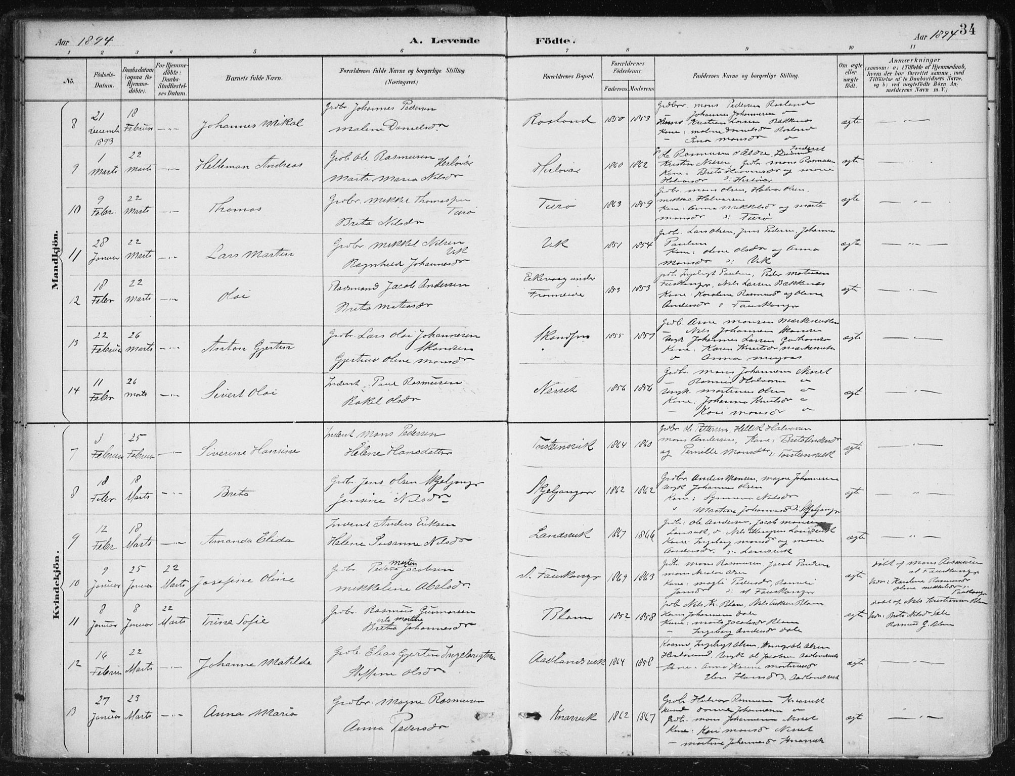 Herdla Sokneprestembete, AV/SAB-A-75701/H/Haa: Parish register (official) no. A 4, 1891-1905, p. 34