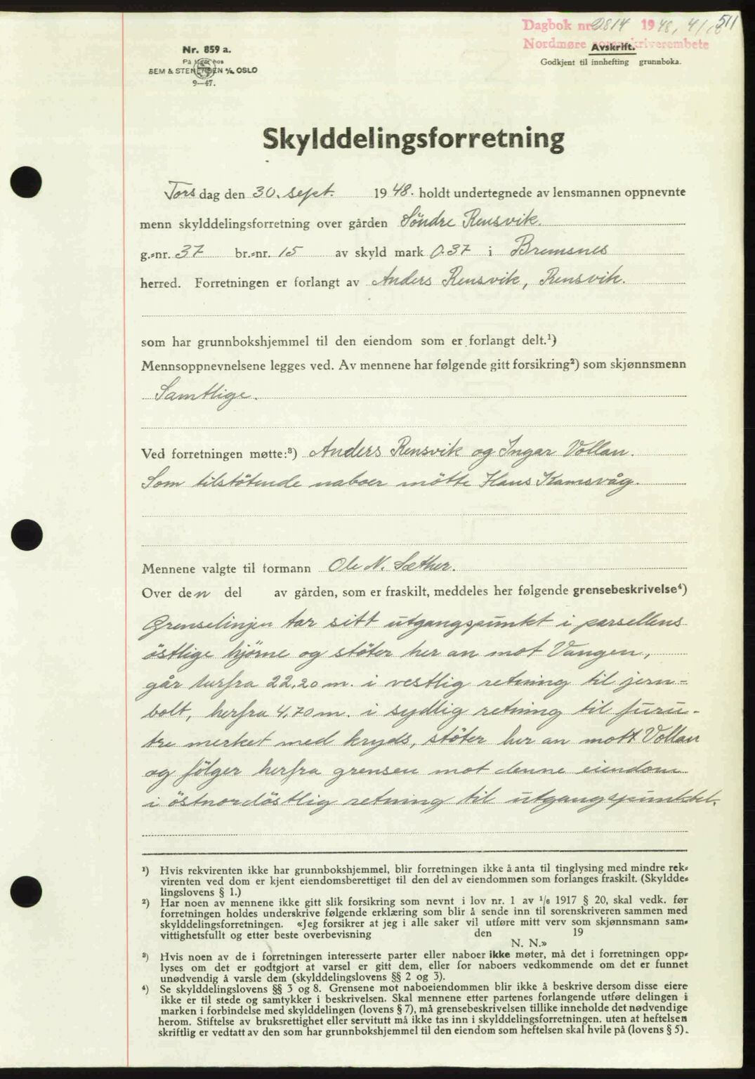 Nordmøre sorenskriveri, AV/SAT-A-4132/1/2/2Ca: Mortgage book no. A109, 1948-1948, Diary no: : 2814/1948