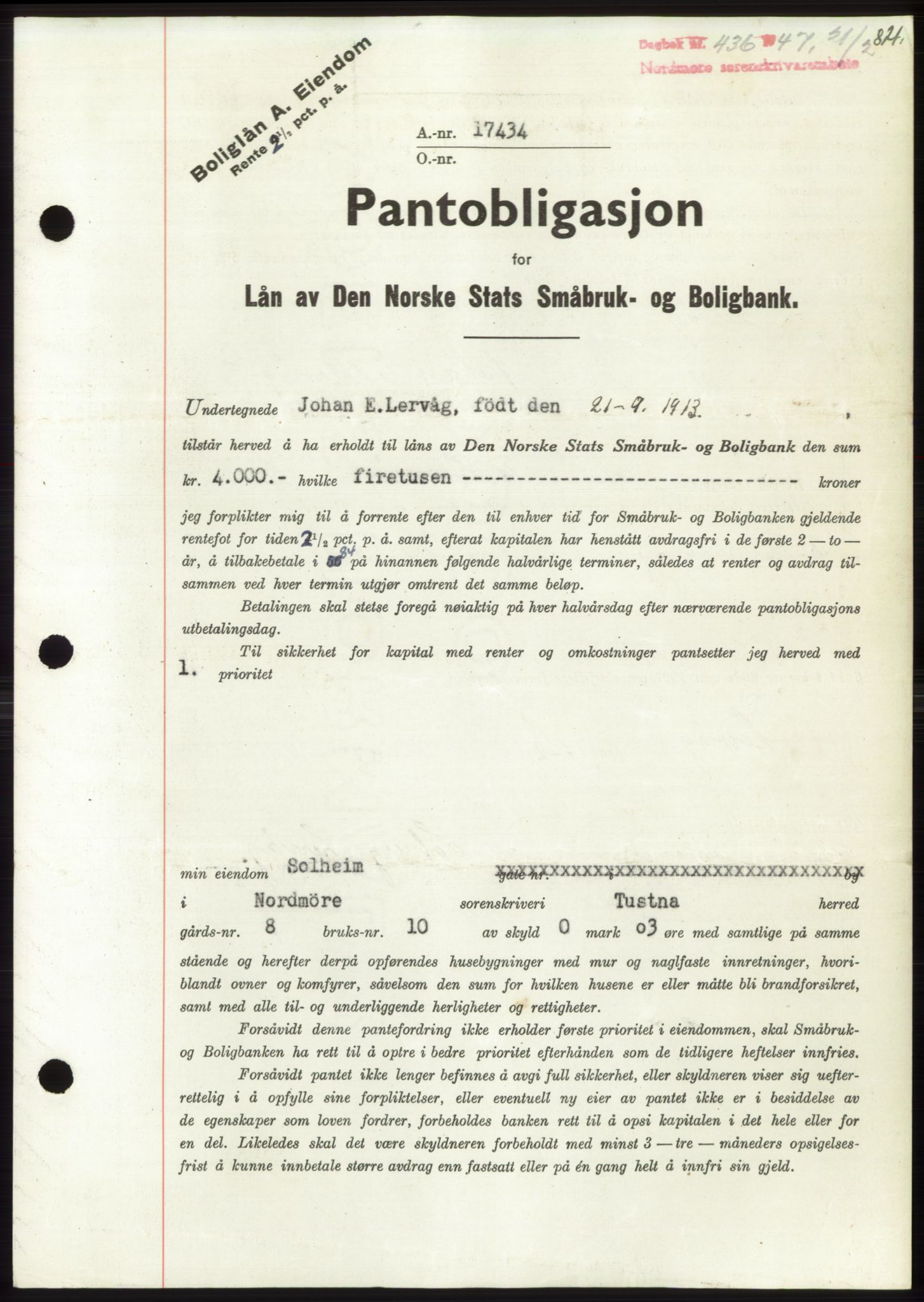 Nordmøre sorenskriveri, AV/SAT-A-4132/1/2/2Ca: Mortgage book no. B95, 1946-1947, Diary no: : 436/1947