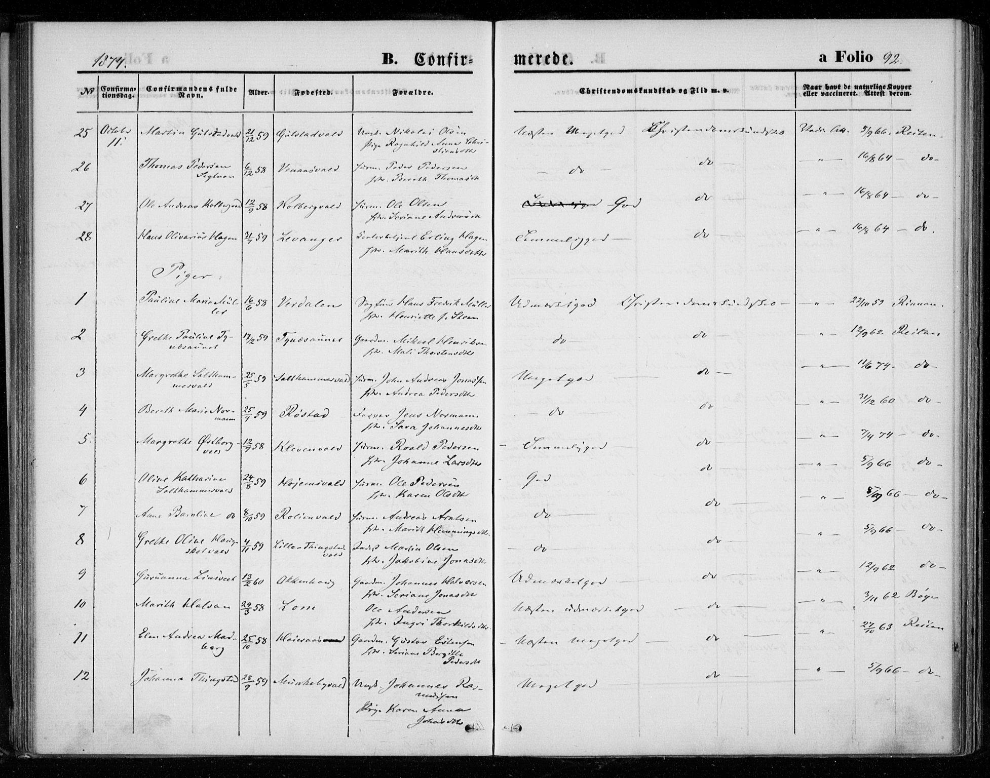 Ministerialprotokoller, klokkerbøker og fødselsregistre - Nord-Trøndelag, AV/SAT-A-1458/721/L0206: Parish register (official) no. 721A01, 1864-1874, p. 92