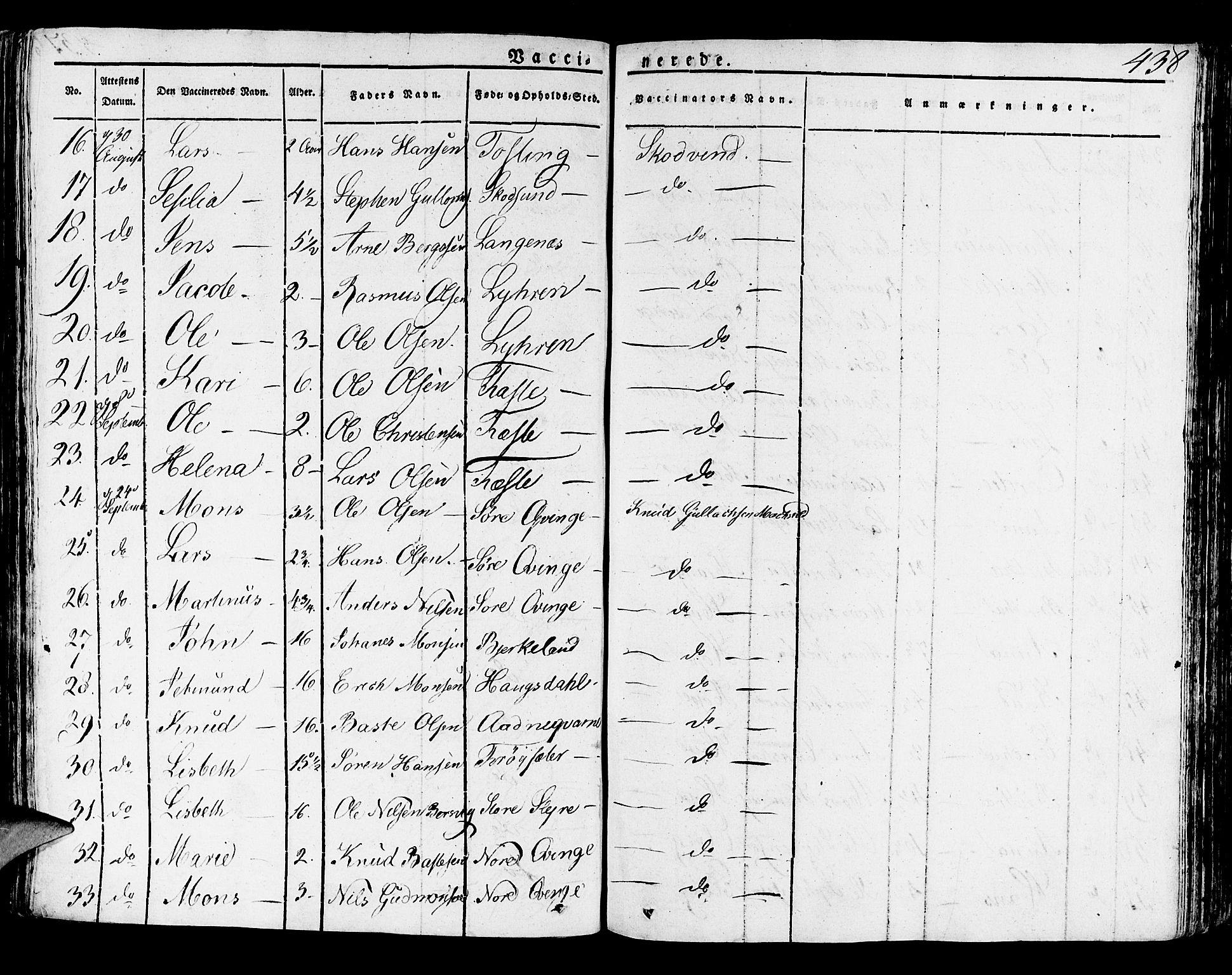 Lindås Sokneprestembete, SAB/A-76701/H/Haa: Parish register (official) no. A 8, 1823-1836, p. 438