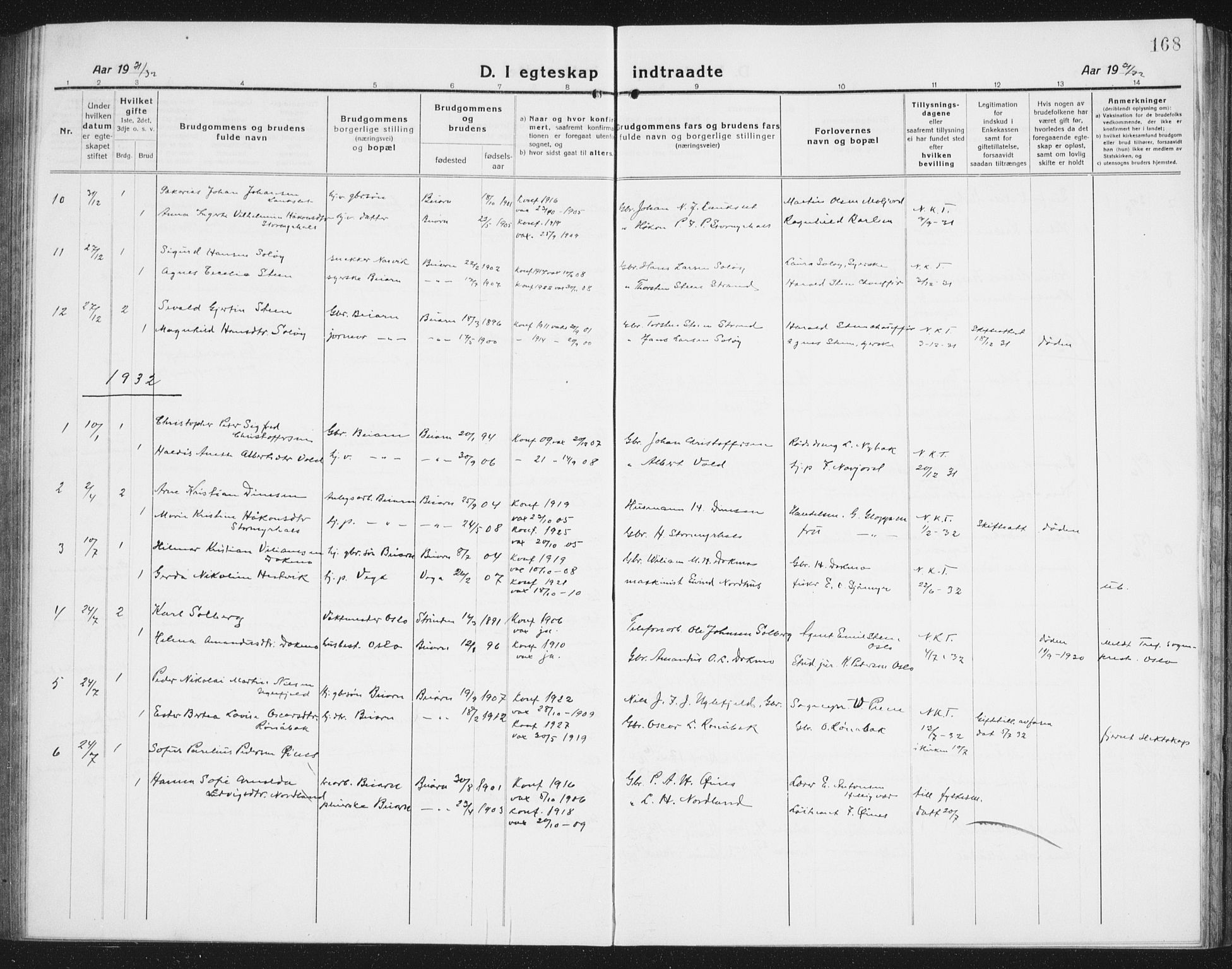 Ministerialprotokoller, klokkerbøker og fødselsregistre - Nordland, AV/SAT-A-1459/846/L0656: Parish register (copy) no. 846C06, 1917-1936, p. 168