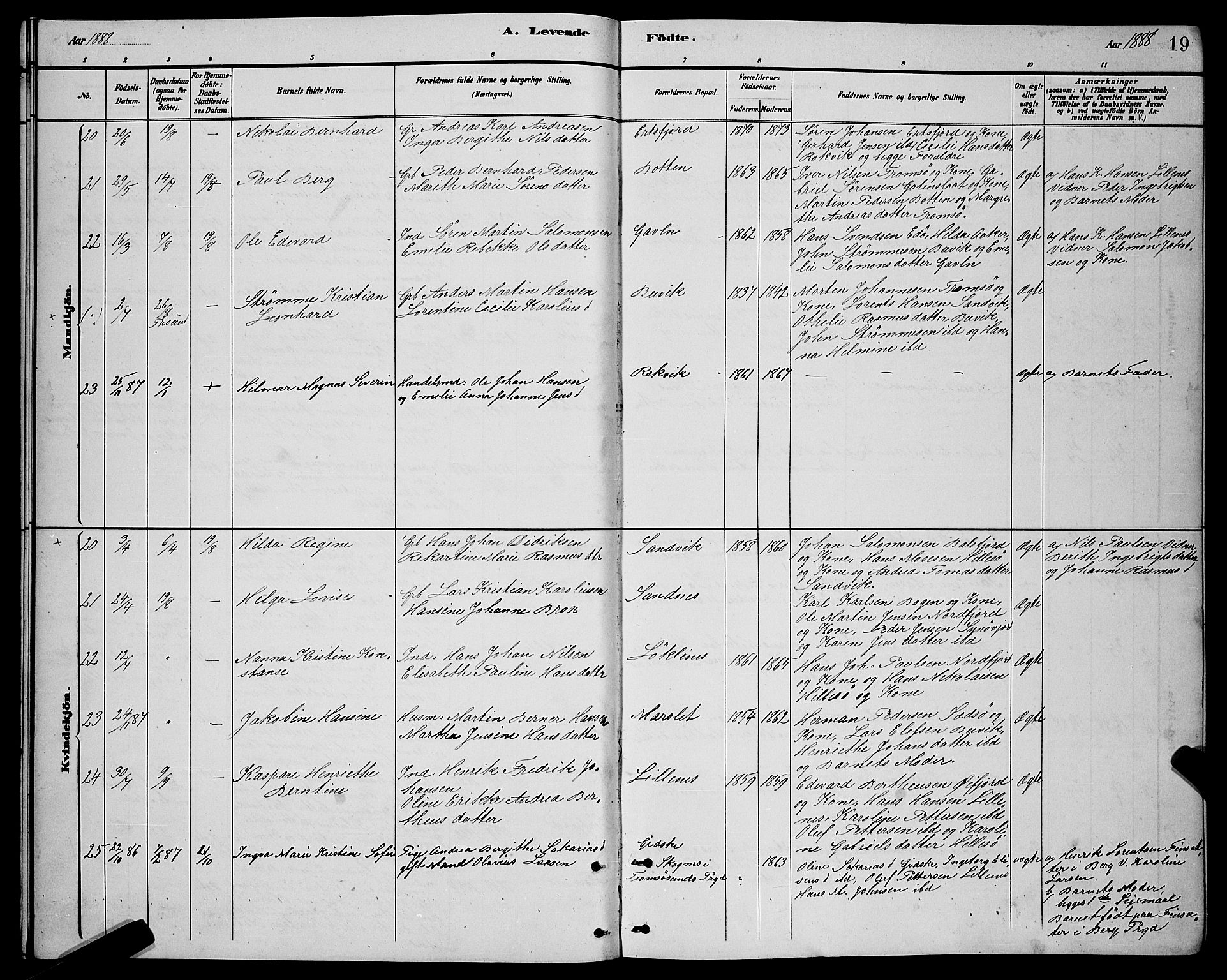 Lenvik sokneprestembete, AV/SATØ-S-1310/H/Ha/Hab/L0021klokker: Parish register (copy) no. 21, 1884-1900, p. 19