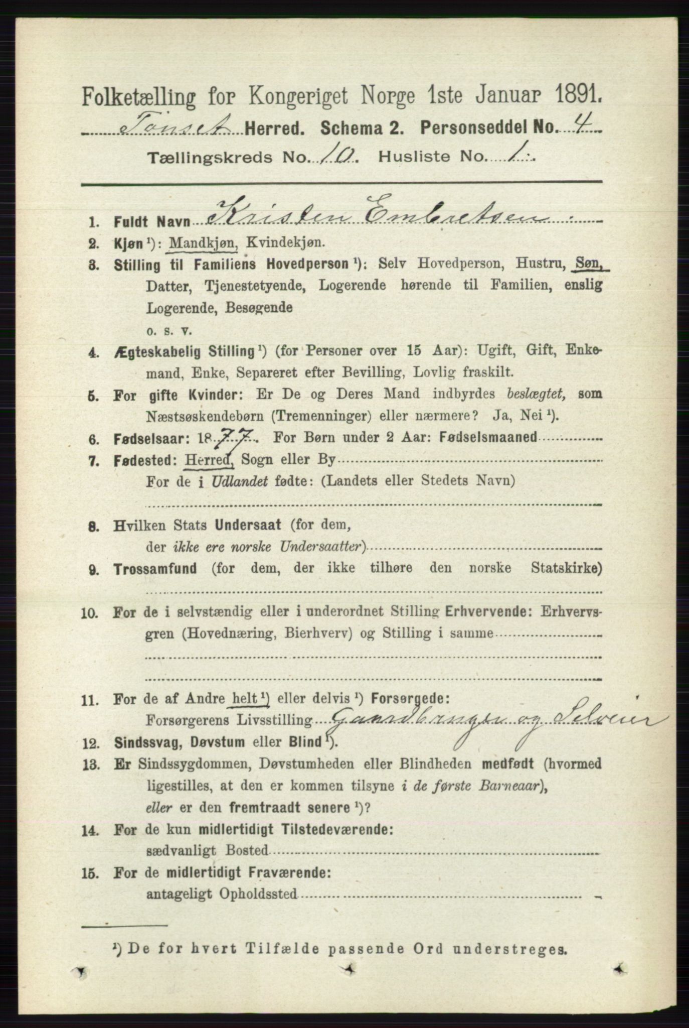 RA, 1891 census for 0437 Tynset, 1891, p. 2842