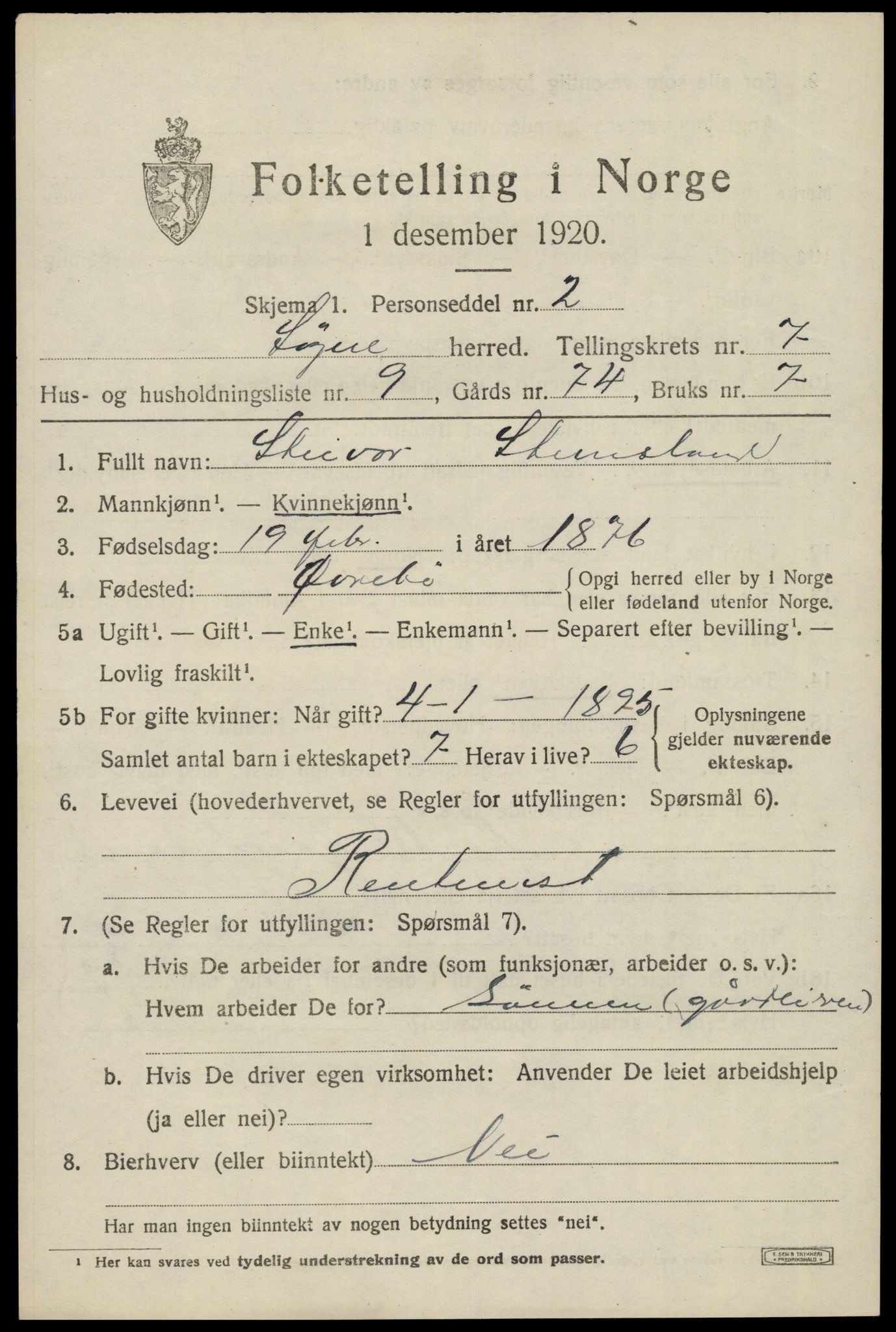 SAK, 1920 census for Søgne, 1920, p. 3559