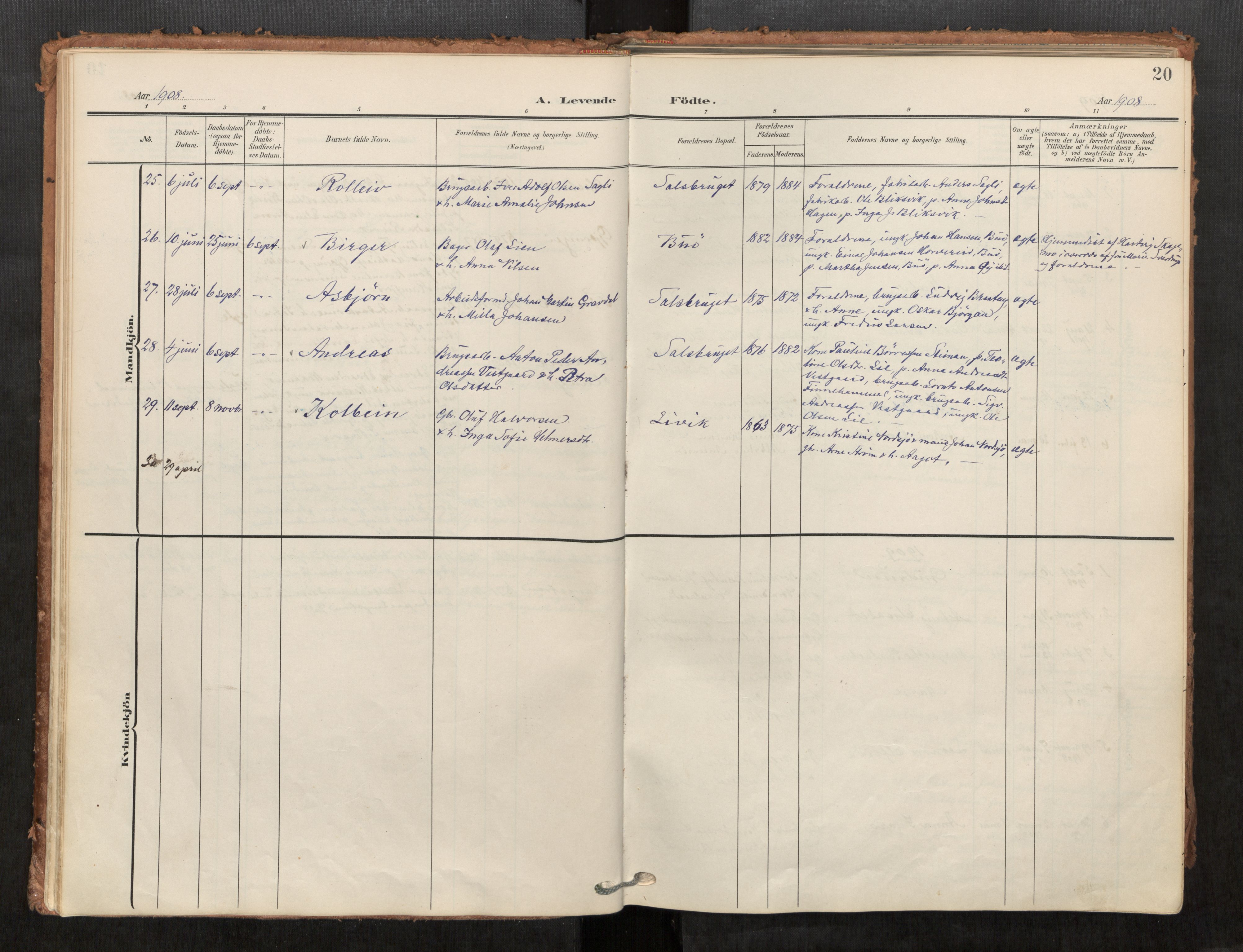 Kolvereid sokneprestkontor, SAT/A-1171/H/Ha/Haa/L0001: Parish register (official) no. 1, 1903-1922, p. 20