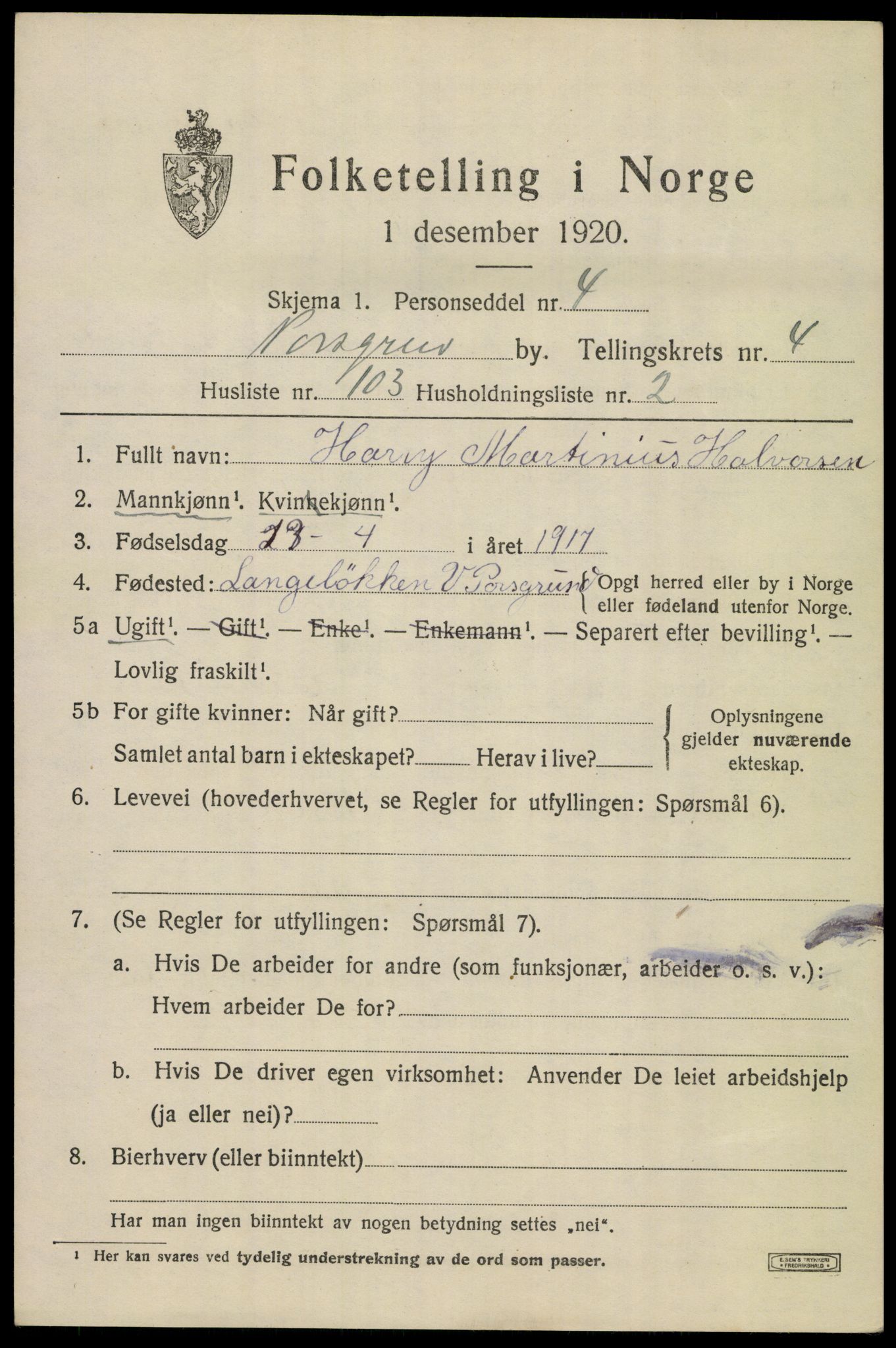 SAKO, 1920 census for Porsgrunn, 1920, p. 19909