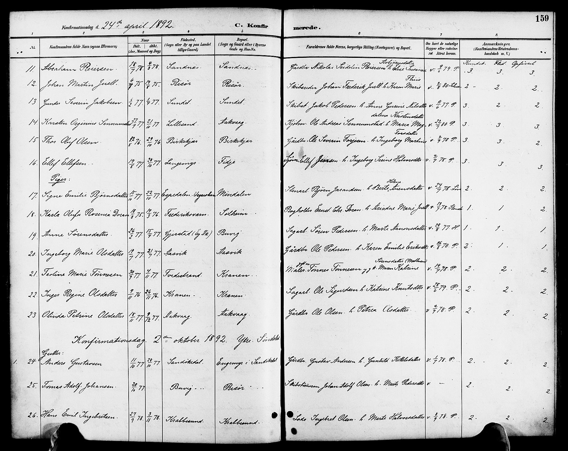 Søndeled sokneprestkontor, AV/SAK-1111-0038/F/Fa/L0005: Parish register (official) no. A 5, 1889-1899, p. 159