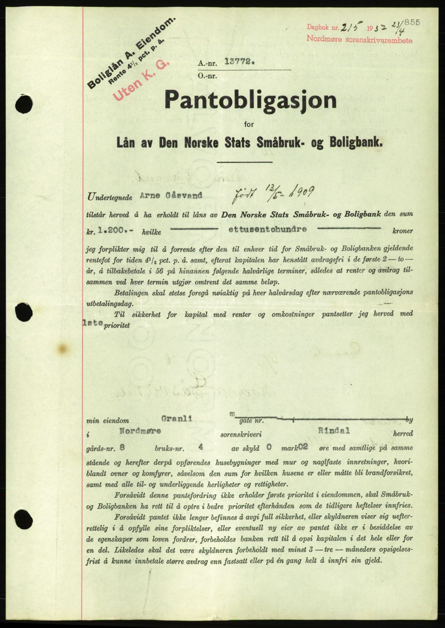 Nordmøre sorenskriveri, AV/SAT-A-4132/1/2/2Ca/L0090: Mortgage book no. B80, 1936-1937, Diary no: : 215/1937