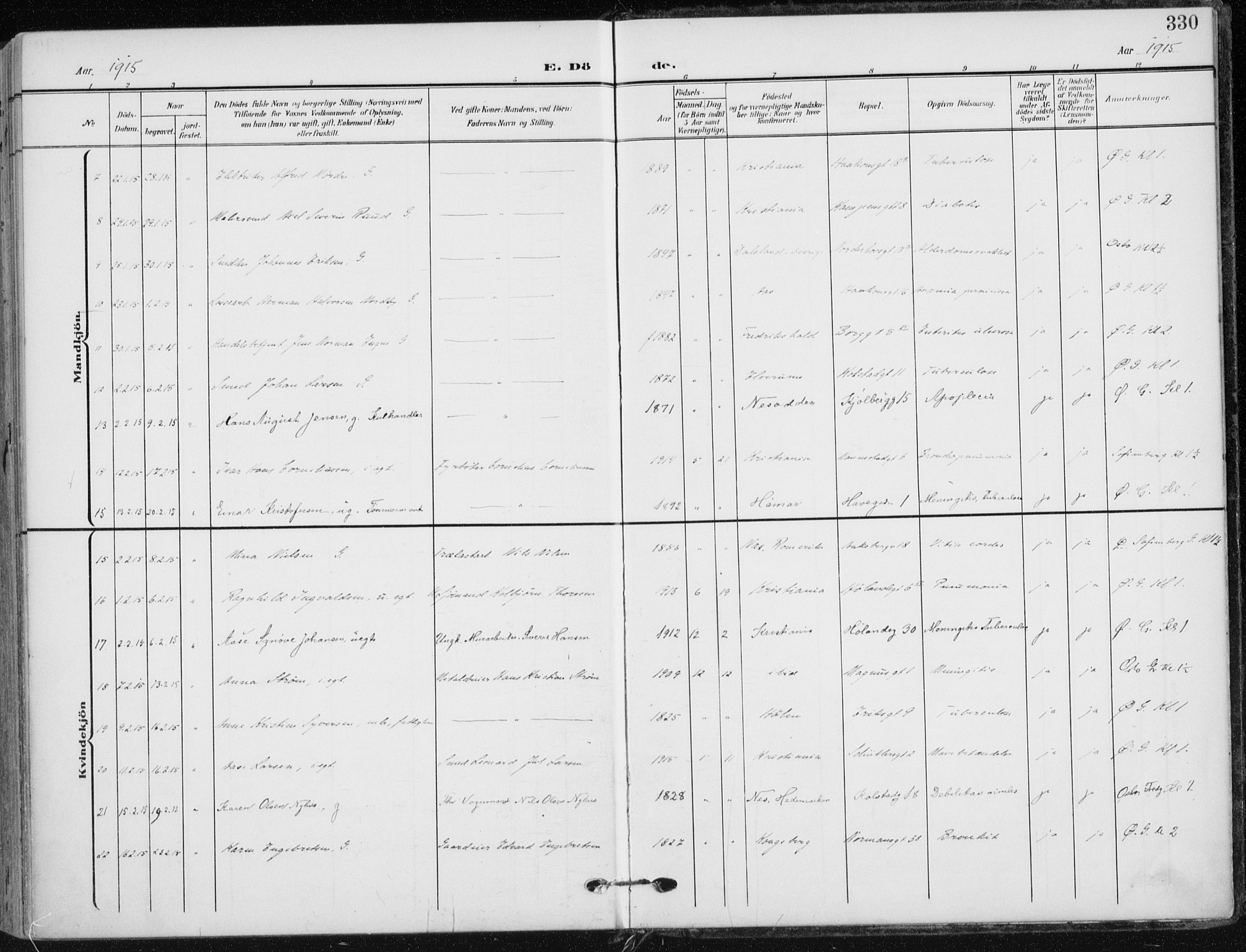 Kampen prestekontor Kirkebøker, AV/SAO-A-10853/F/Fa/L0011: Parish register (official) no. I 11, 1907-1917, p. 330