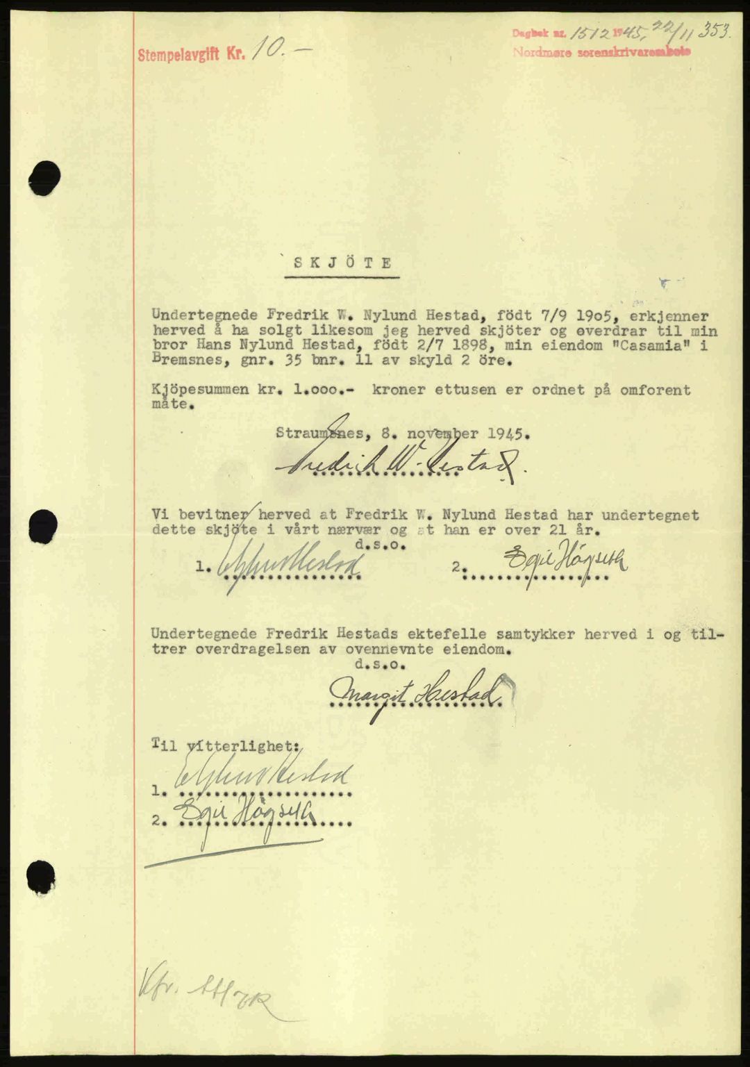 Nordmøre sorenskriveri, AV/SAT-A-4132/1/2/2Ca: Mortgage book no. A100a, 1945-1945, Diary no: : 1512/1945