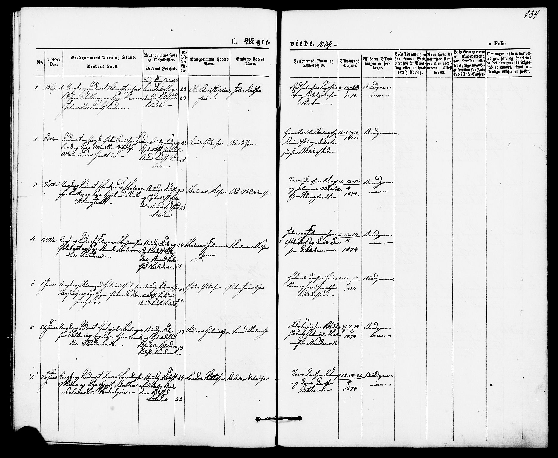 Suldal sokneprestkontor, AV/SAST-A-101845/01/IV/L0010: Parish register (official) no. A 10, 1869-1878, p. 134