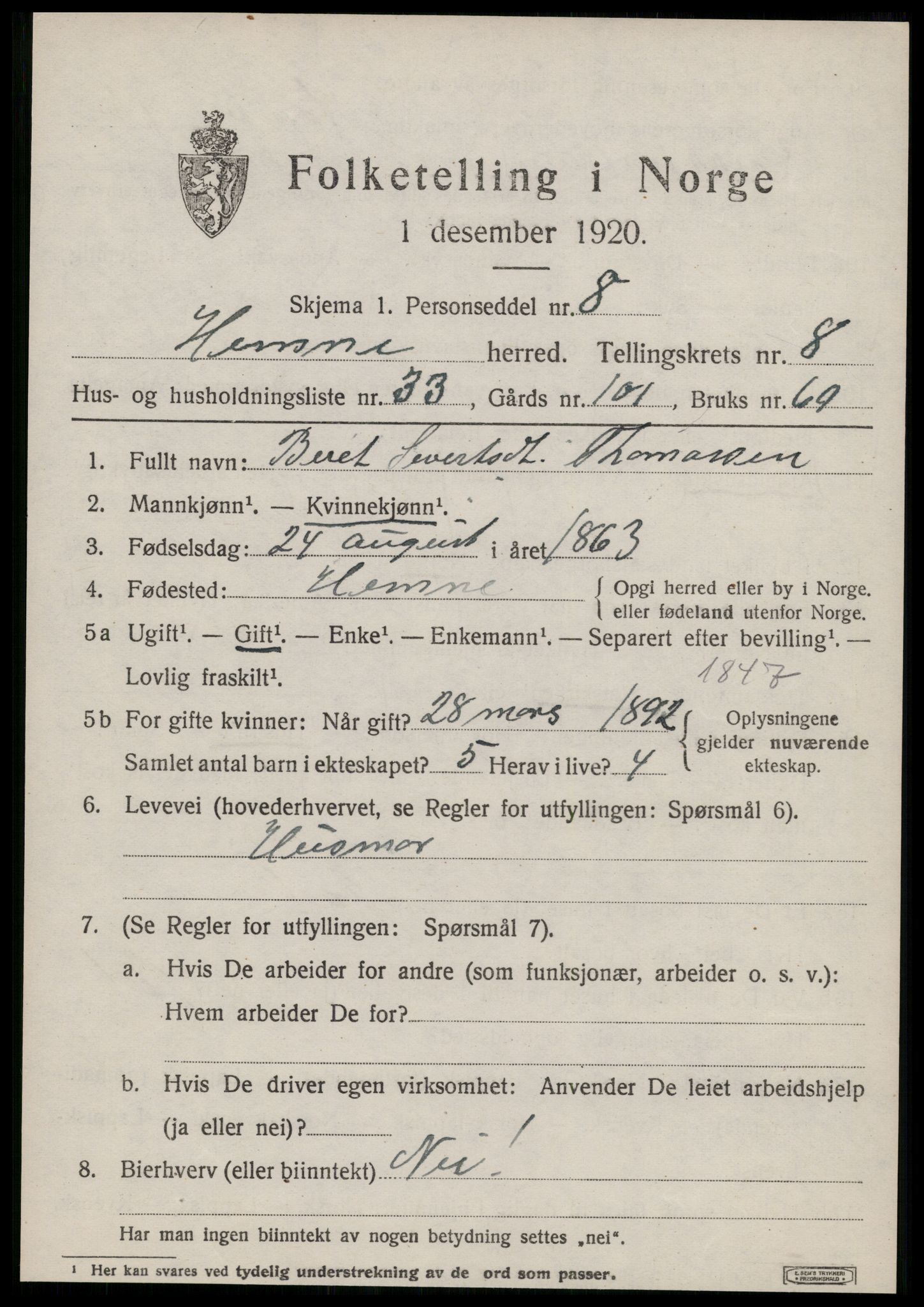 SAT, 1920 census for Hemne, 1920, p. 5128