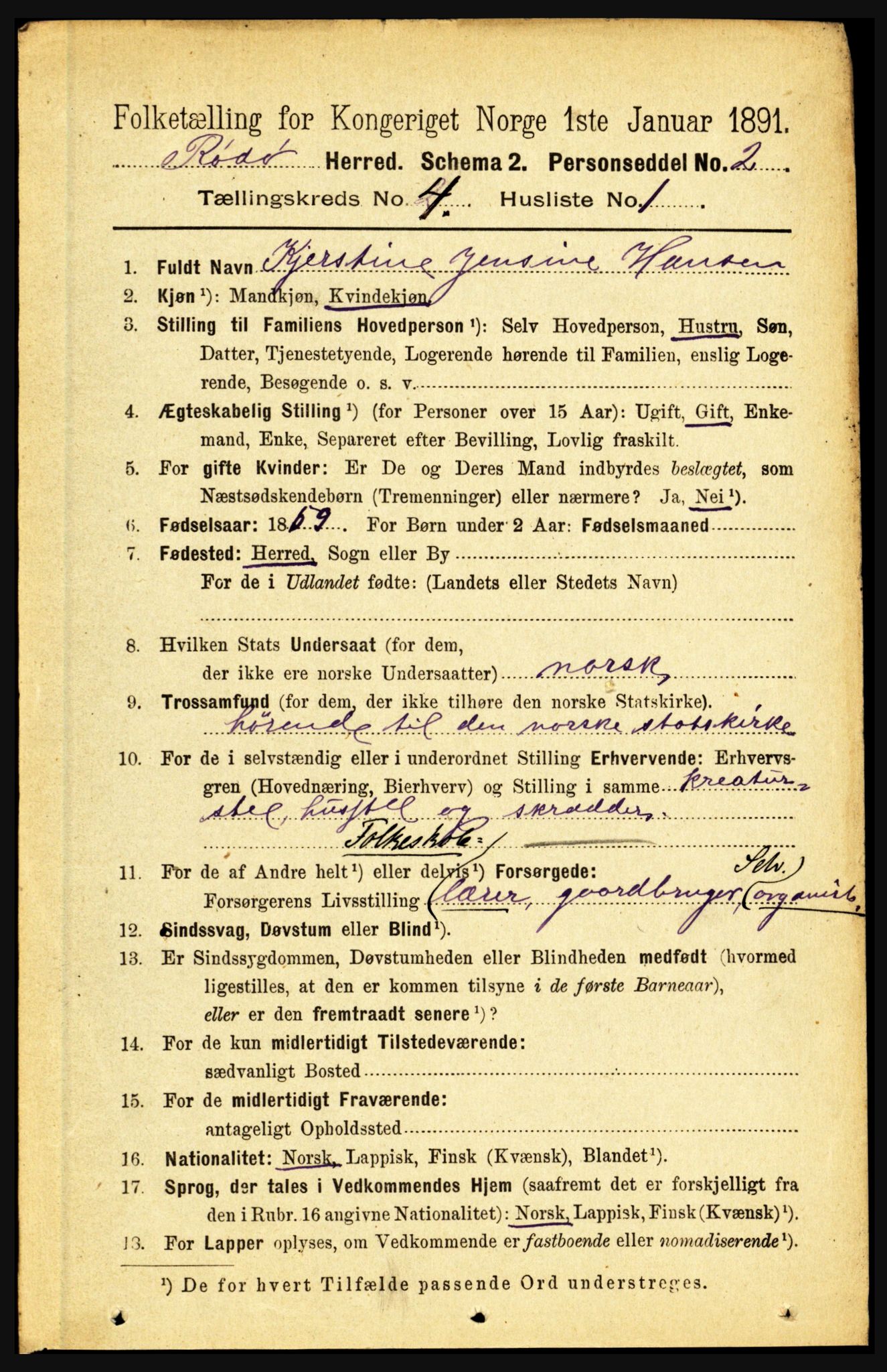 RA, 1891 census for 1836 Rødøy, 1891, p. 1586