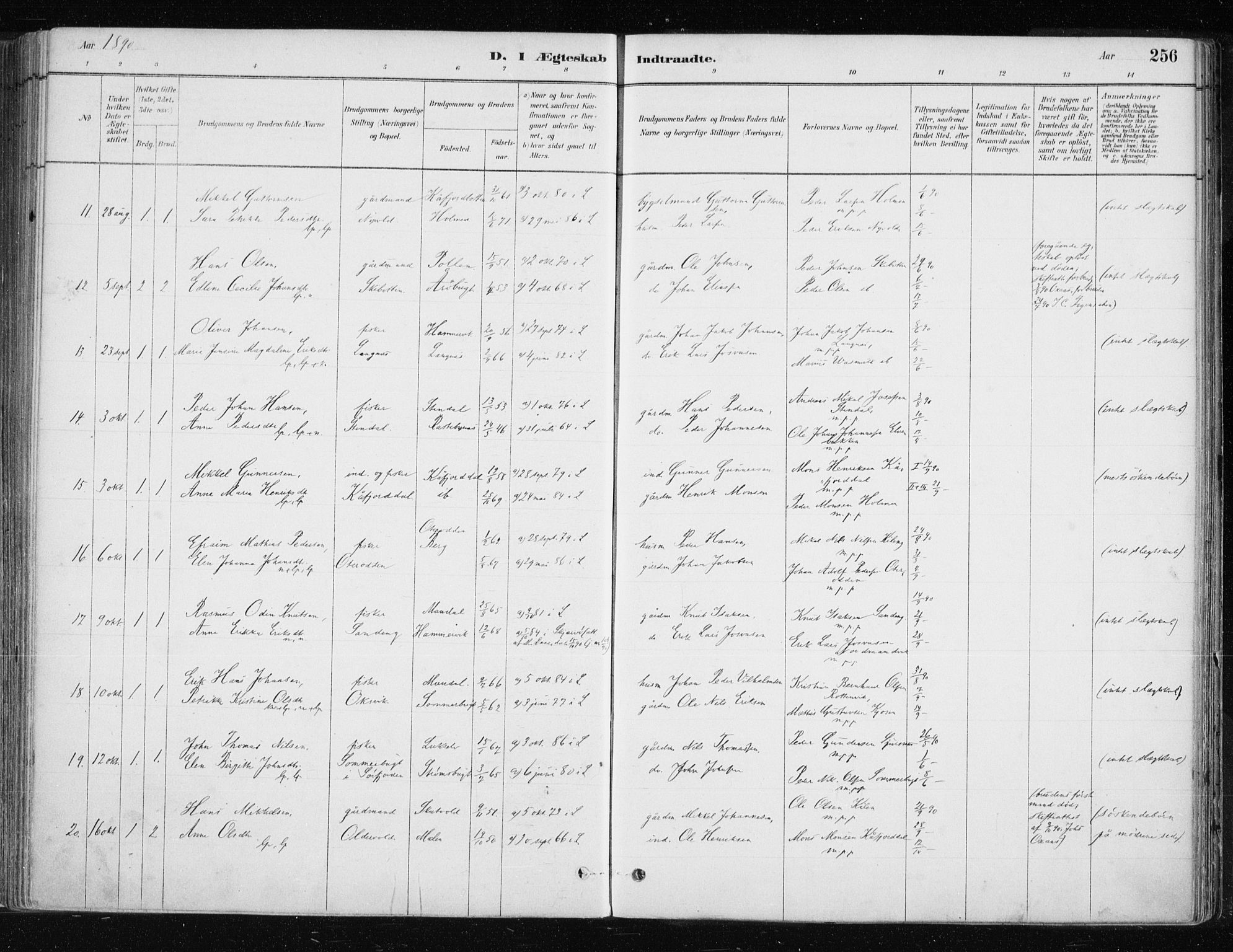 Lyngen sokneprestembete, AV/SATØ-S-1289/H/He/Hea/L0007kirke: Parish register (official) no. 7, 1879-1890, p. 256