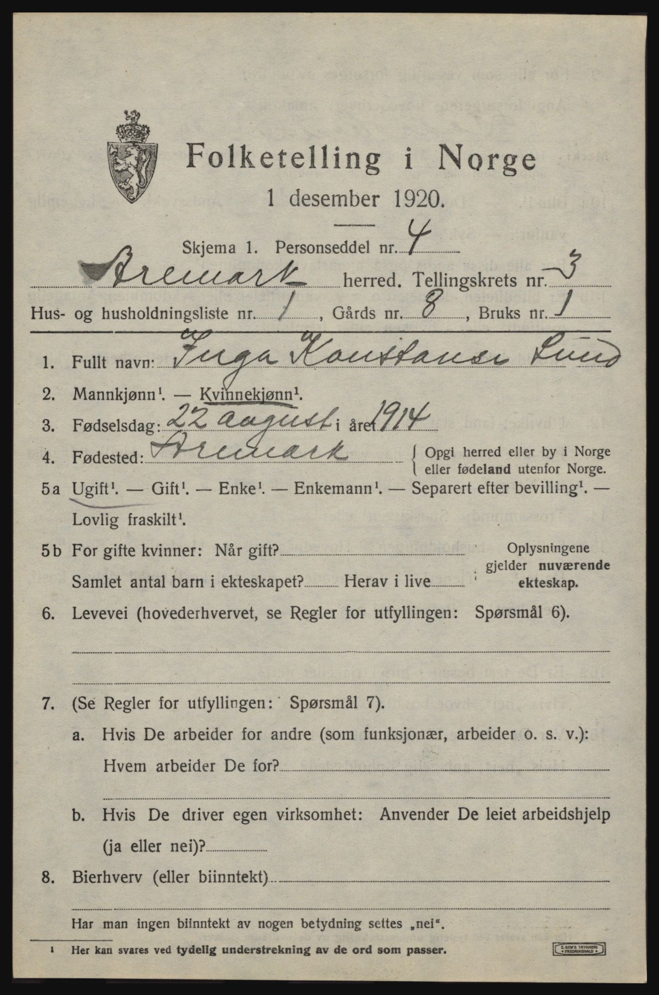 SAO, 1920 census for Aremark, 1920, p. 2133