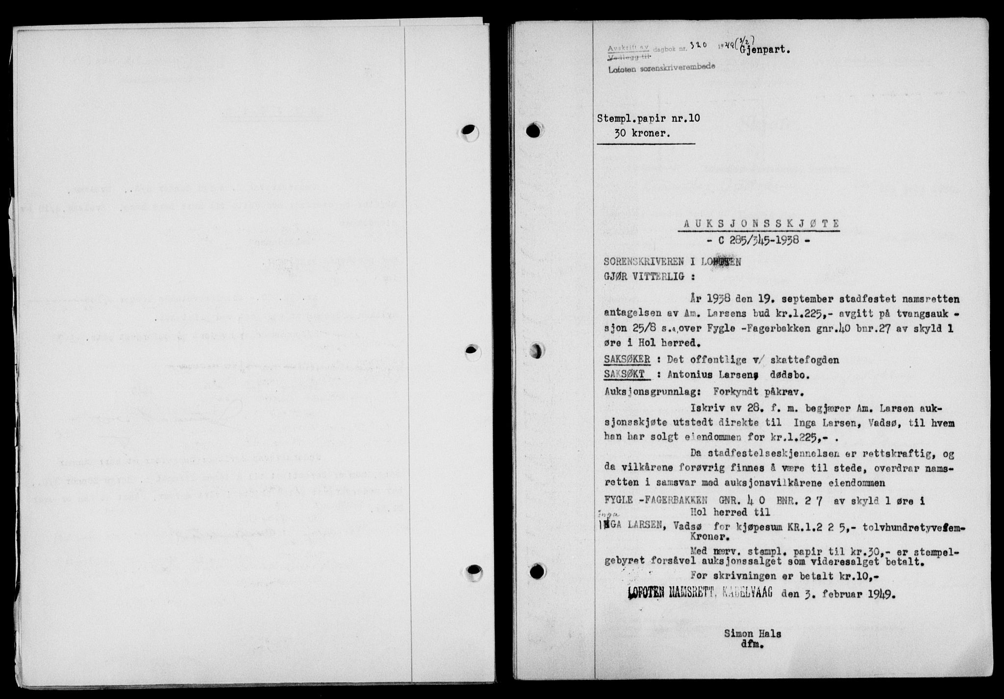 Lofoten sorenskriveri, SAT/A-0017/1/2/2C/L0020a: Mortgage book no. 20a, 1948-1949, Diary no: : 320/1949
