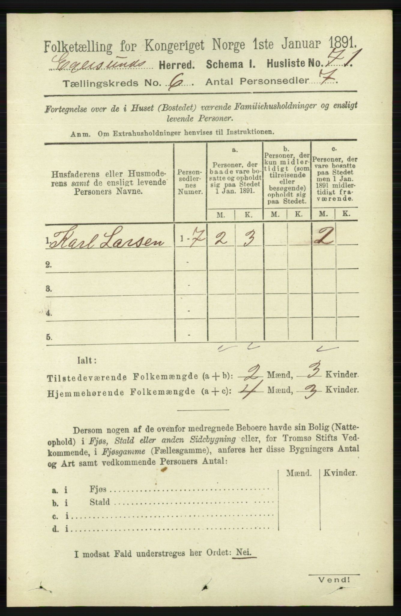 RA, 1891 census for 1116 Eigersund herred, 1891, p. 2265