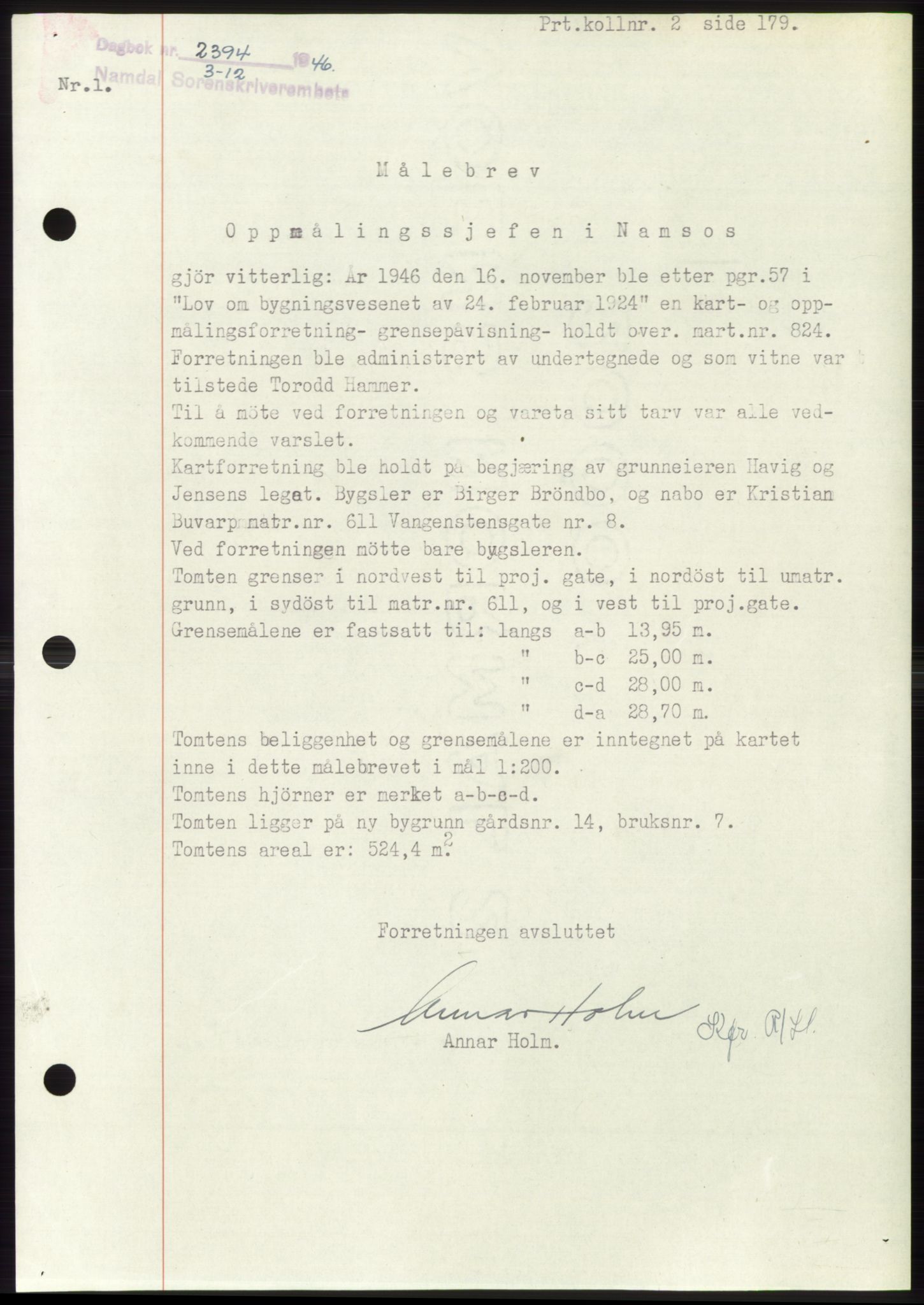 Namdal sorenskriveri, SAT/A-4133/1/2/2C: Mortgage book no. -, 1946-1947, Diary no: : 2394/1946