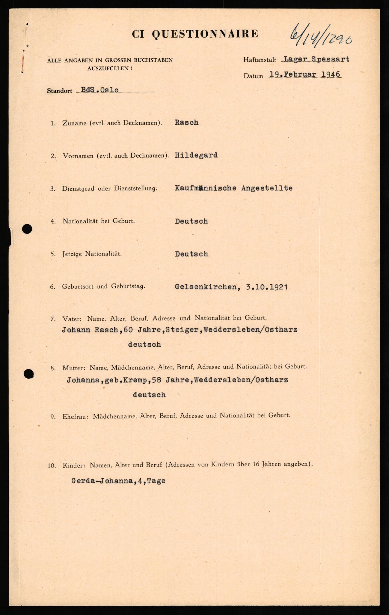 Forsvaret, Forsvarets overkommando II, AV/RA-RAFA-3915/D/Db/L0027: CI Questionaires. Tyske okkupasjonsstyrker i Norge. Tyskere., 1945-1946, p. 19