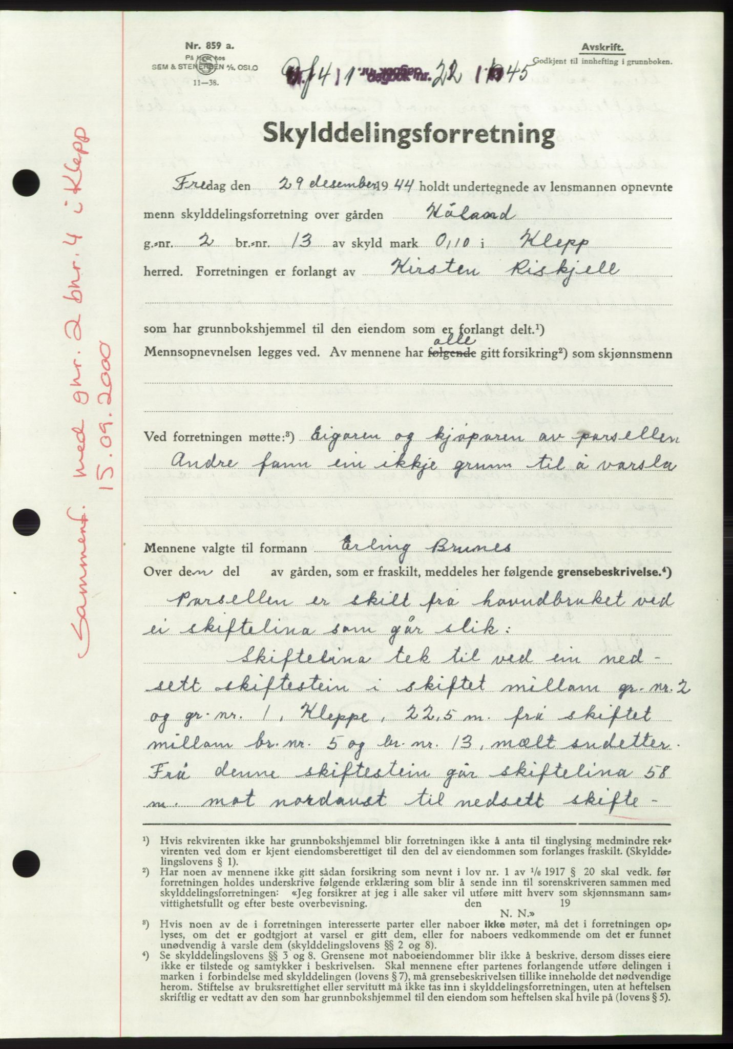 Jæren sorenskriveri, AV/SAST-A-100310/03/G/Gba/L0087: Mortgage book, 1944-1945, Diary no: : 22/1945