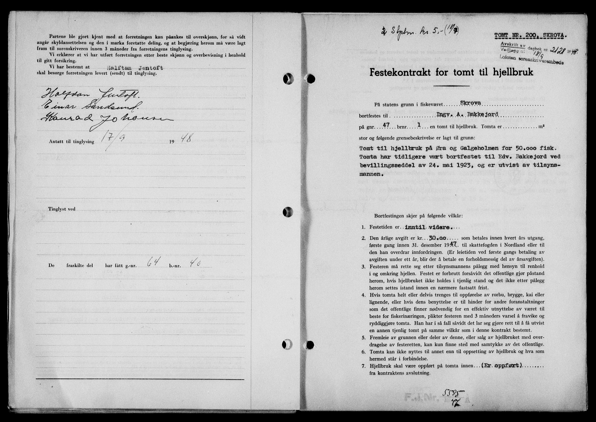 Lofoten sorenskriveri, SAT/A-0017/1/2/2C/L0019a: Mortgage book no. 19a, 1948-1948, Diary no: : 2128/1948