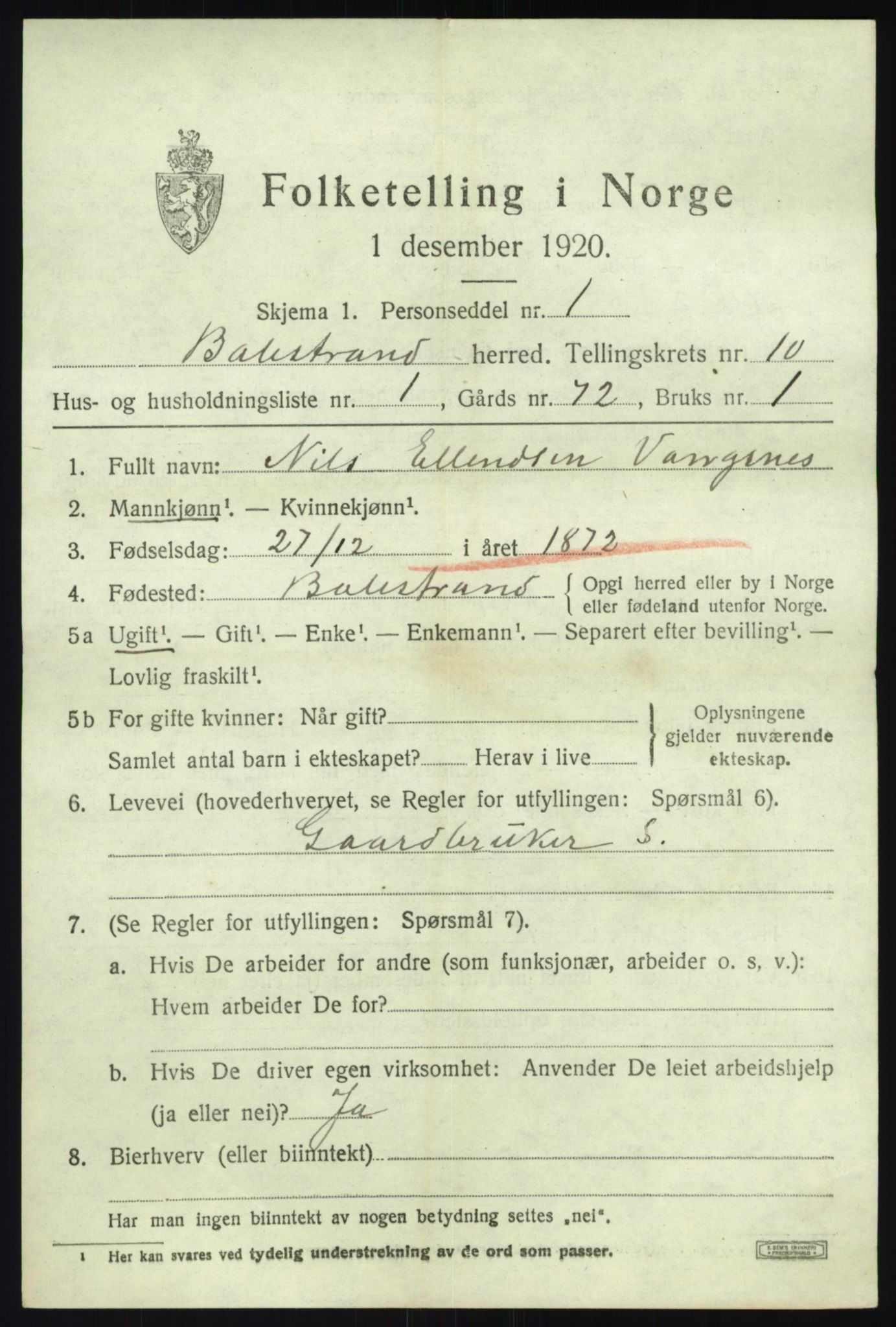 SAB, 1920 census for Balestrand, 1920, p. 4634