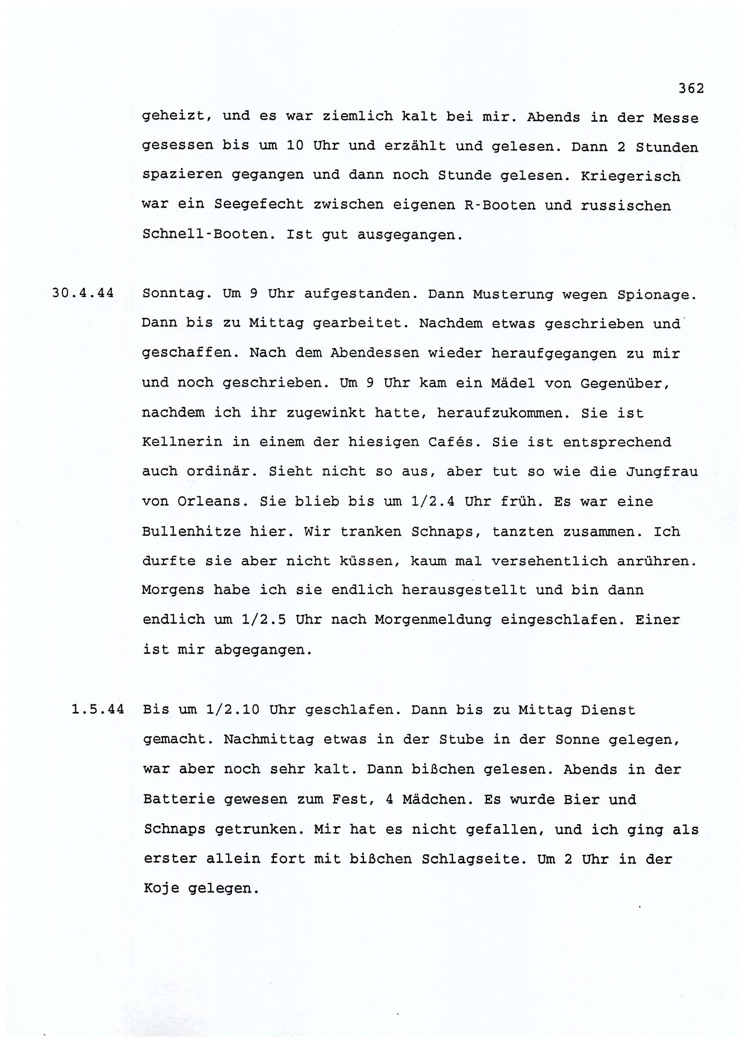 Dagbokopptegnelser av en tysk marineoffiser stasjonert i Norge , FMFB/A-1160/F/L0001: Dagbokopptegnelser av en tysk marineoffiser stasjonert i Norge, 1941-1944, p. 362