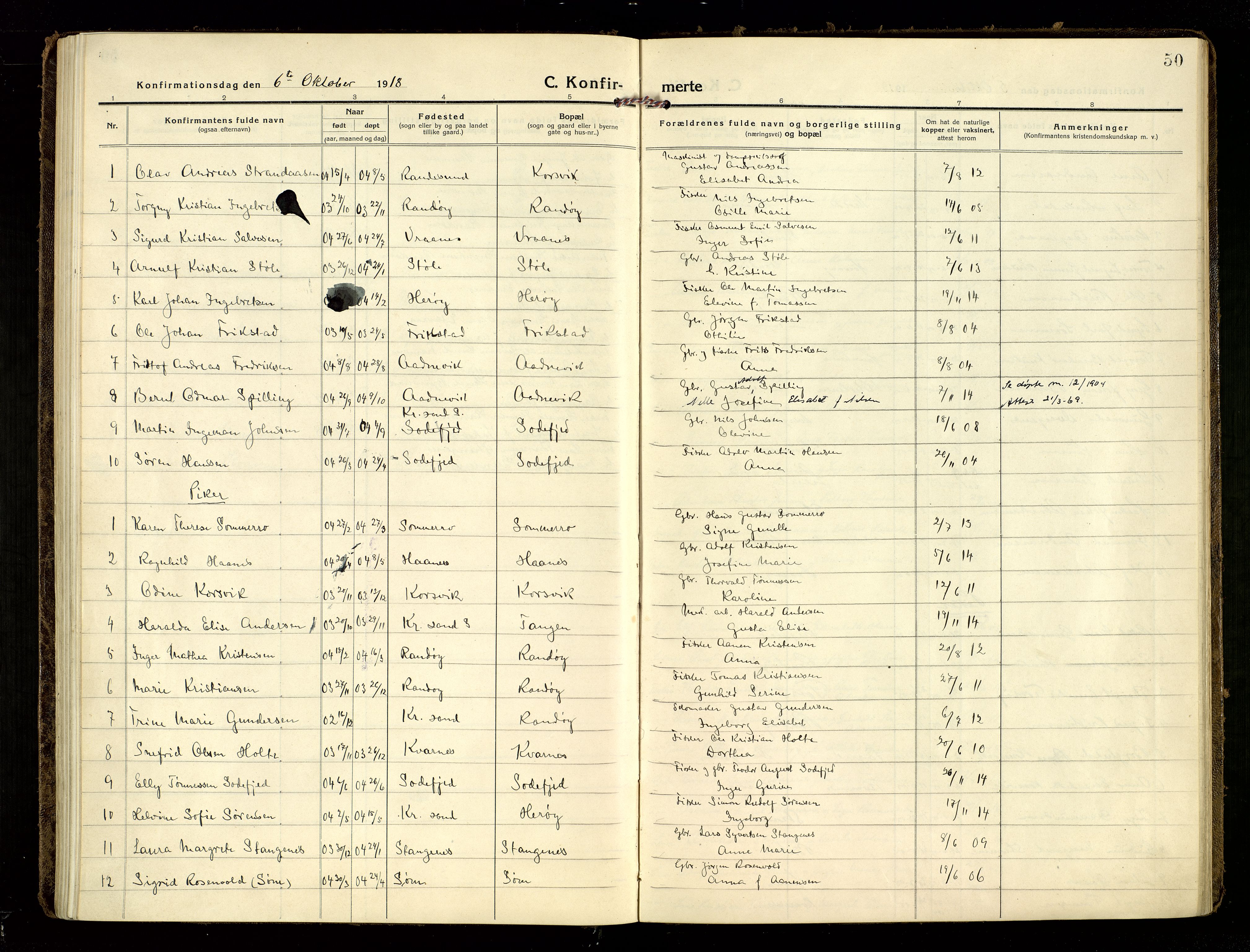 Oddernes sokneprestkontor, AV/SAK-1111-0033/F/Fa/Fab/L0004: Parish register (official) no. A 4, 1916-1935, p. 50