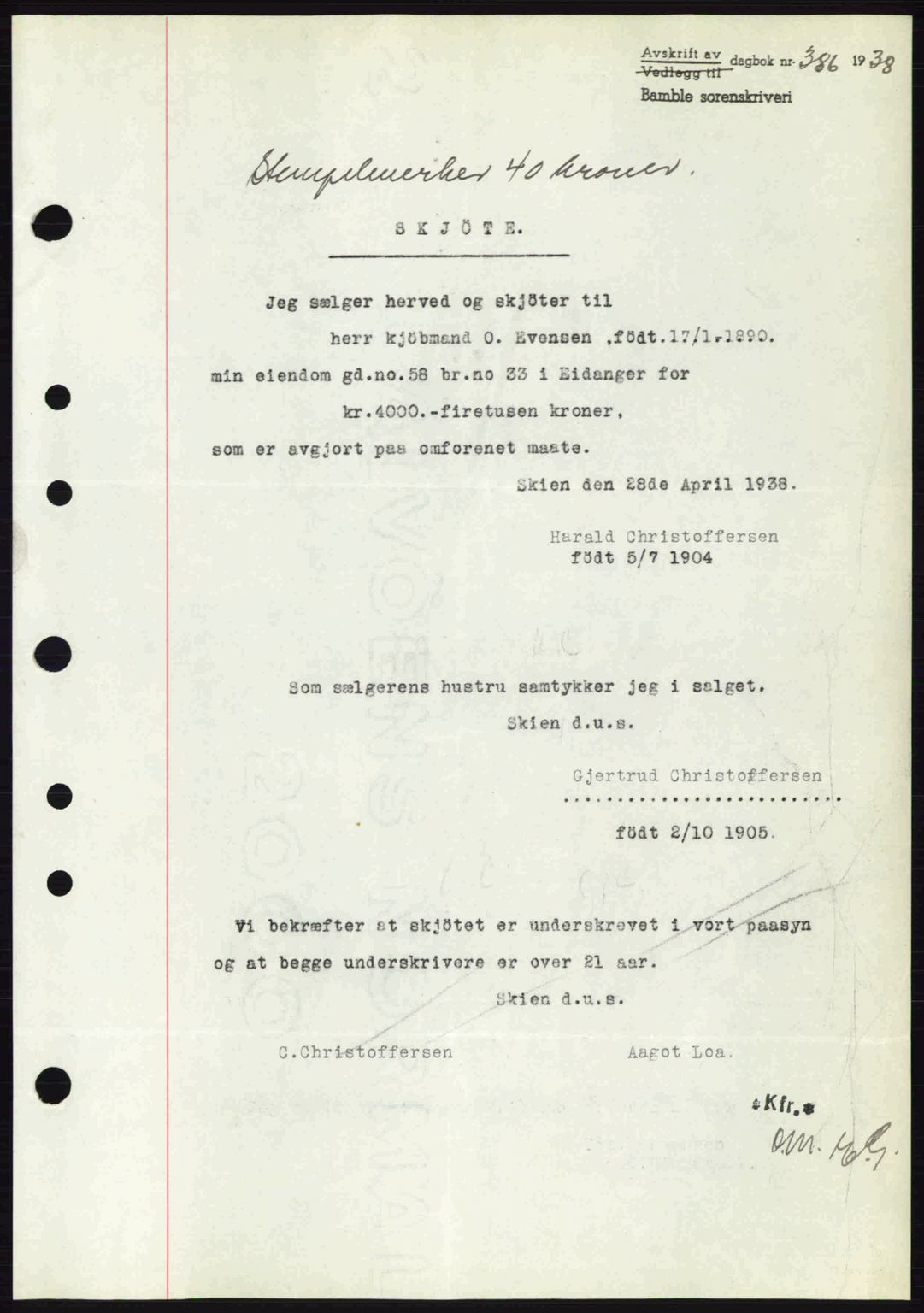 Bamble sorenskriveri, AV/SAKO-A-214/G/Ga/Gag/L0002: Mortgage book no. A-2, 1937-1938, Diary no: : 386/1938