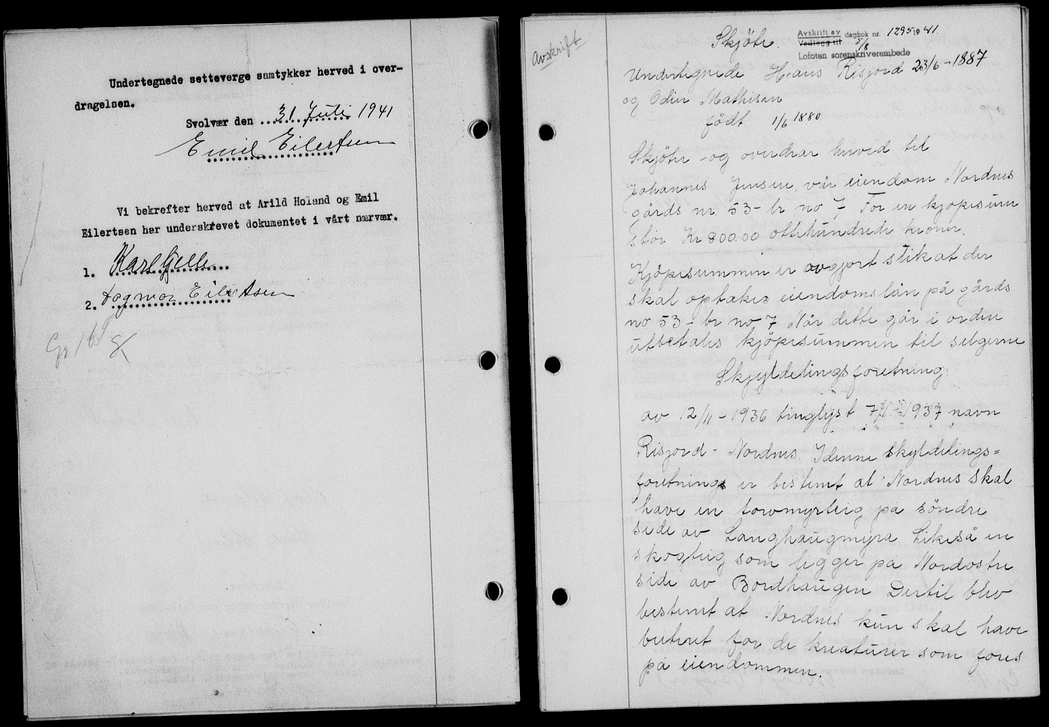 Lofoten sorenskriveri, SAT/A-0017/1/2/2C/L0008a: Mortgage book no. 8a, 1940-1941, Diary no: : 1295/1941